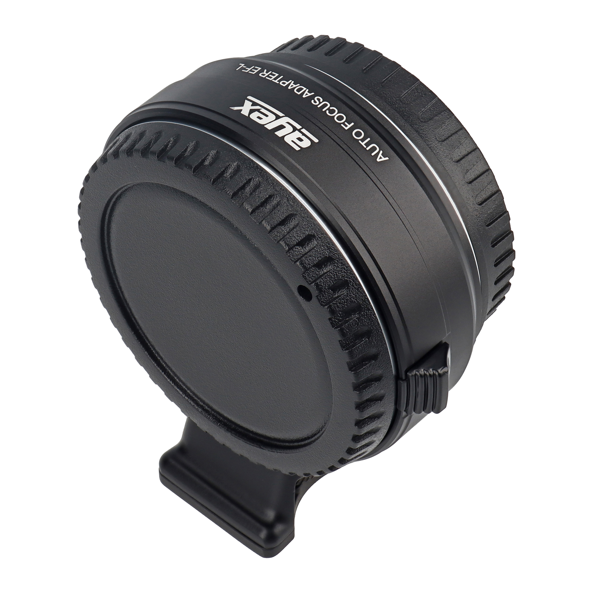Schwarzer Kameraobjektivadapter. Der Text lautet 'AUTO FOCUS ADAPTER EF-L'. Schräge Ansicht, weißer Hintergrund.