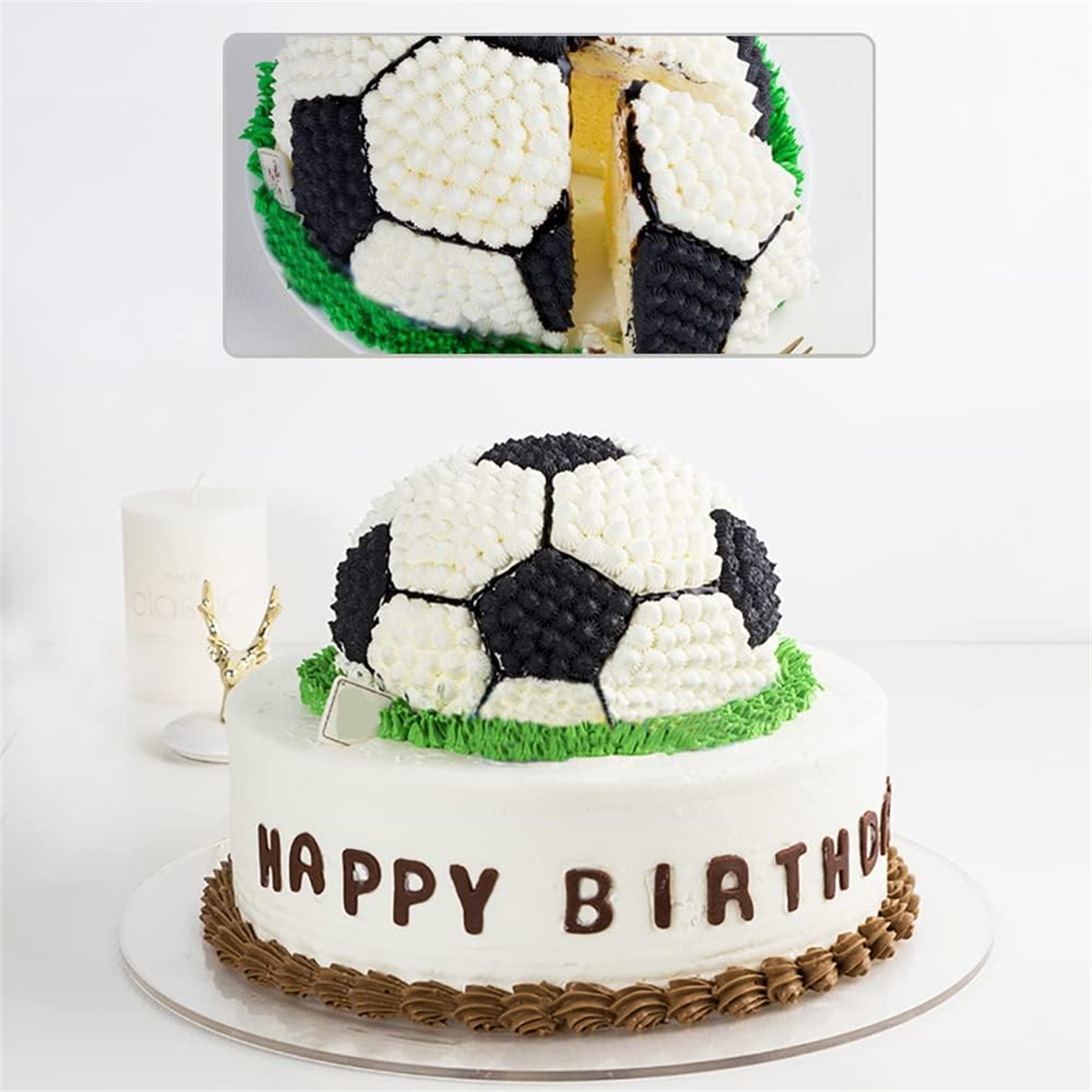 Fußballkuchen, mit fehlendem Stück, und den Worten 'HAPPY BIRTHDAY'.