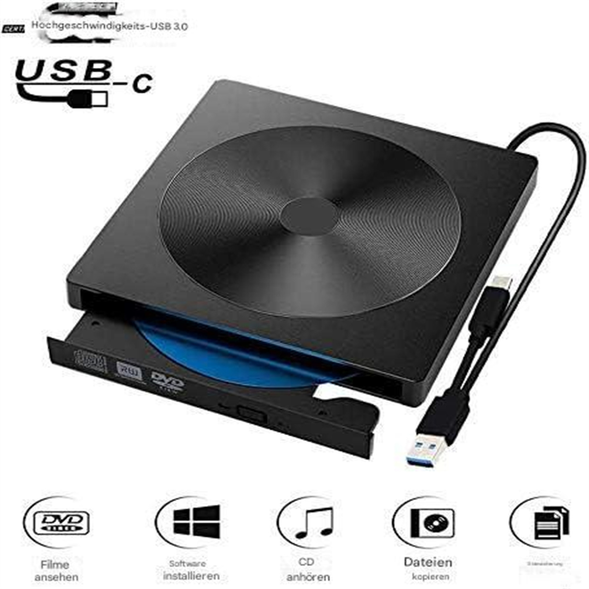 Ein schwarzes USB-C-DVD-Laufwerk mit silberner Oberseite, geöffnet, um eine blaue Disc freizulegen, USB-C-Kabel angeschlossen.