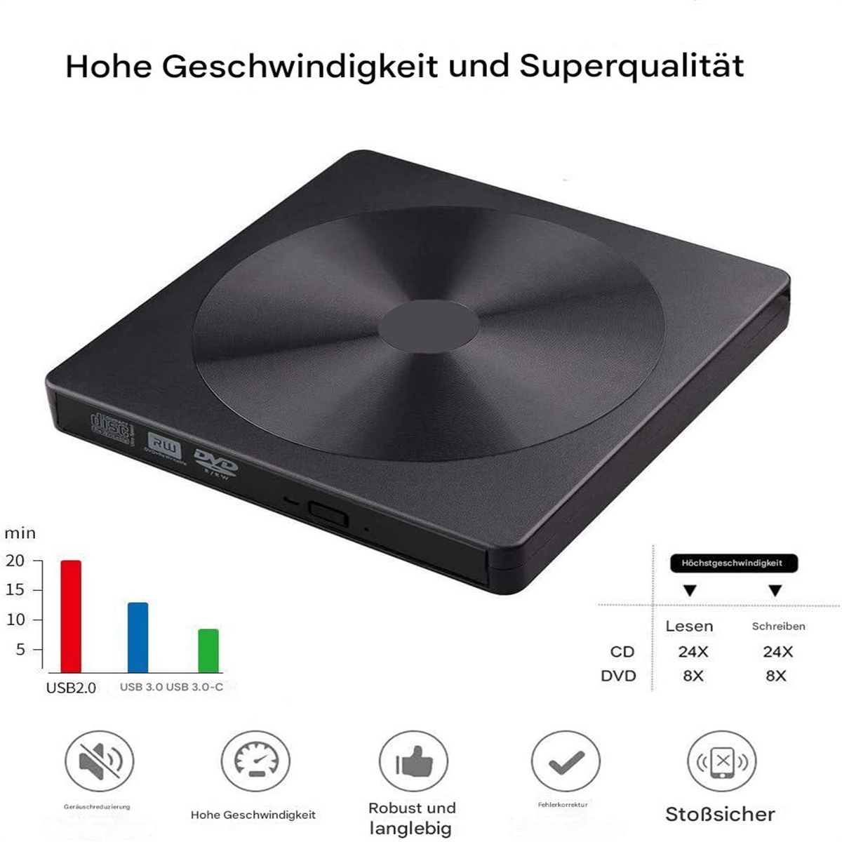Schwarzes externes DVD-Laufwerk mit kreisförmigem Design und Beschriftungen.