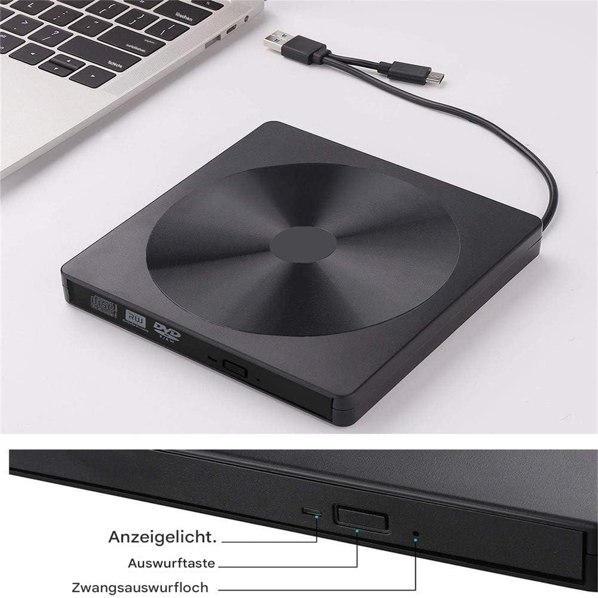 Schwarzes externes DVD-Laufwerk mit angeschlossenem USB-Kabel. Zu den Merkmalen gehören eine Taste und Schlitze.
