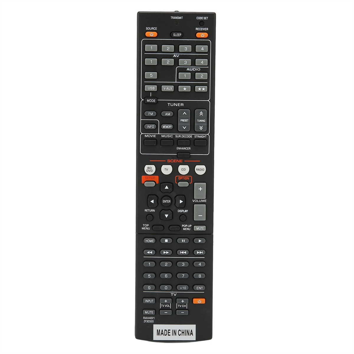 Schwarze Fernbedienung mit vielen Tasten, beschriftet für Audio/Video und Funktionen.