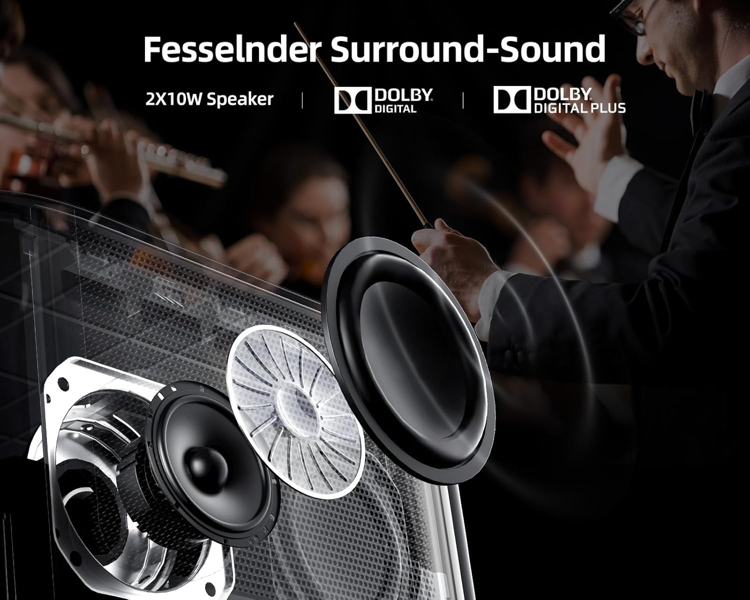 Obraz przedstawia elementy głośnika i dyrygenta z orkiestrą, podkreślając dźwięk.