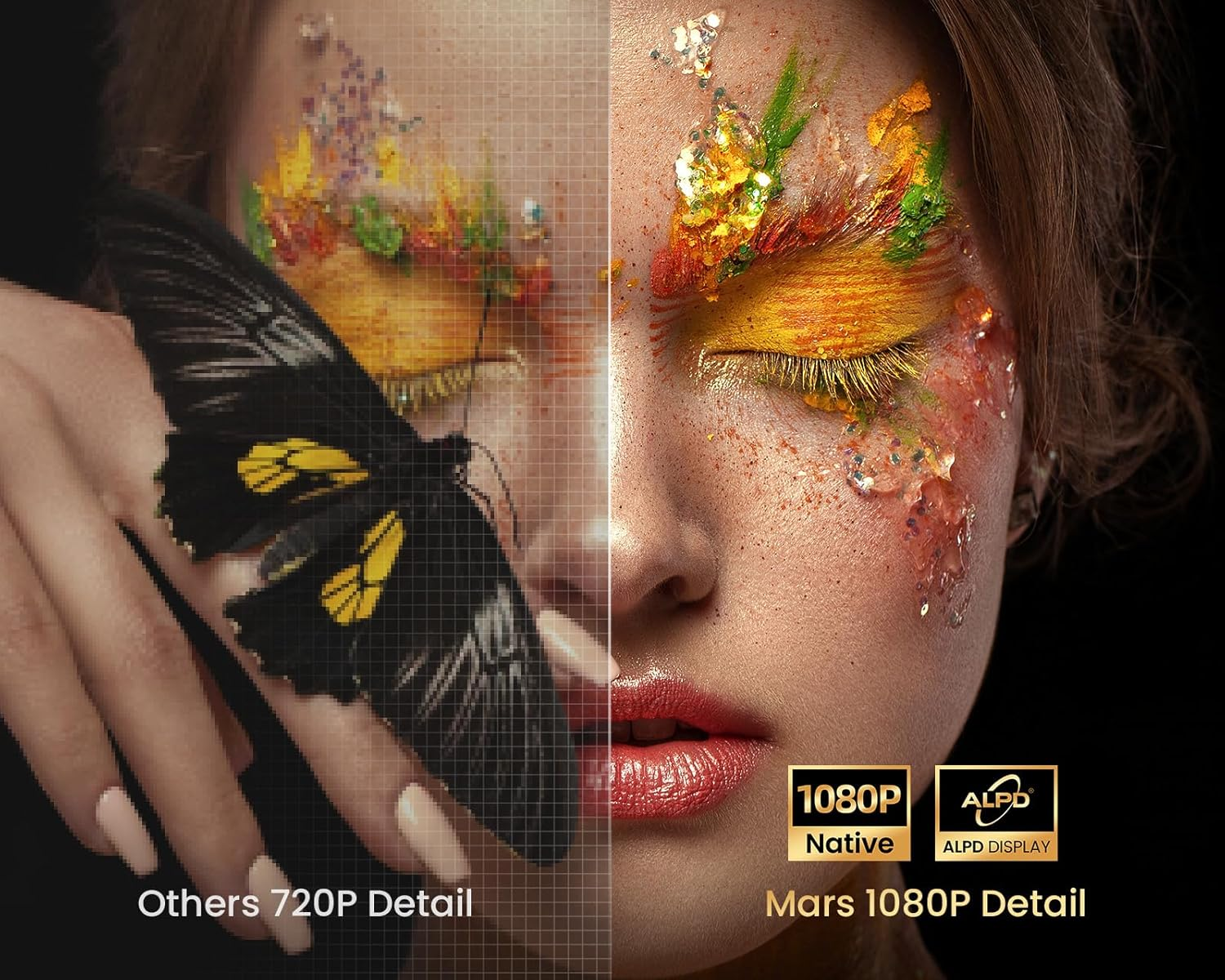 Obraz porównujący rozdzielczości 720P i 1080P z motylem i twarzą modelki.