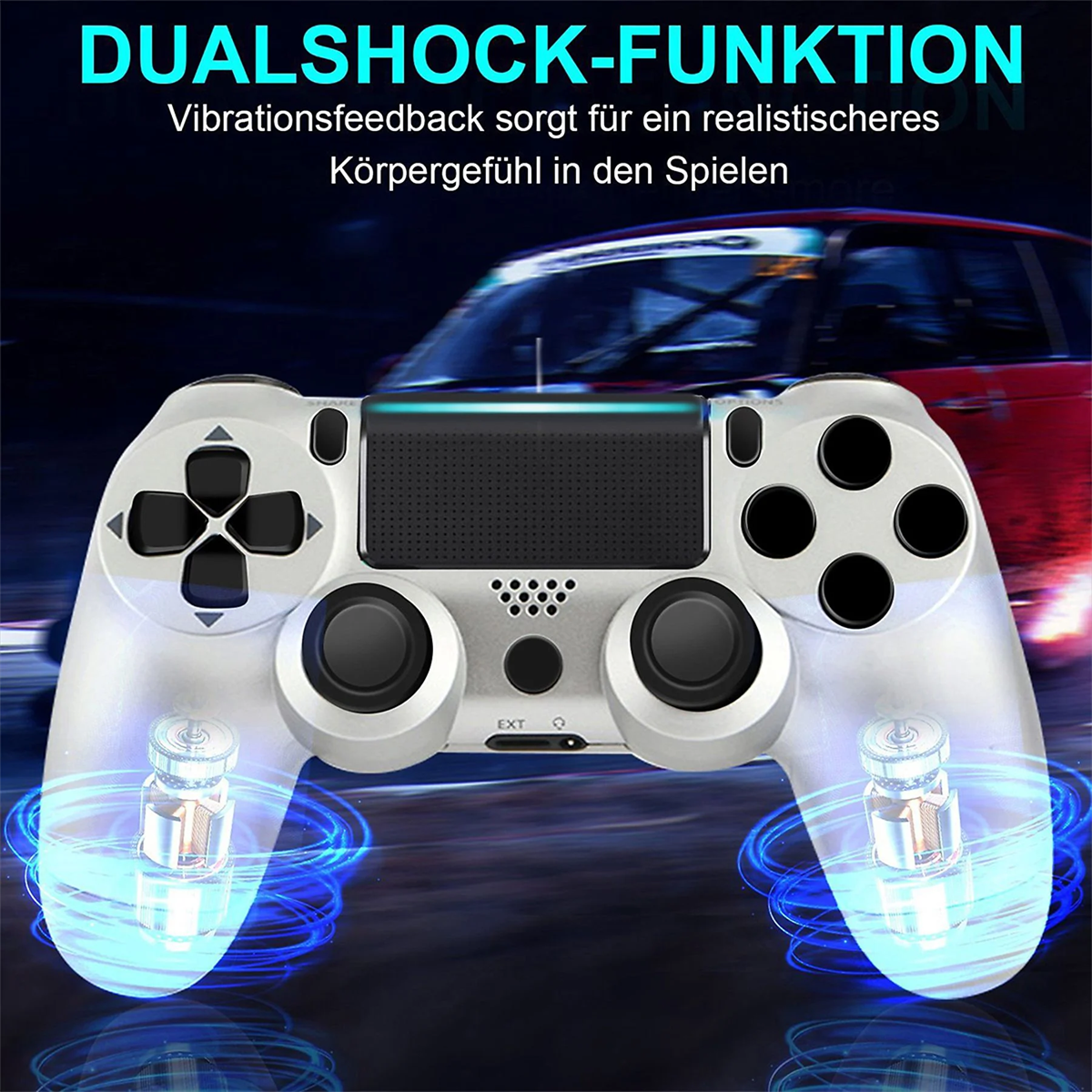 Ein weißer Spielcontroller mit schwarzen Knöpfen und blauen Lichteffekten.