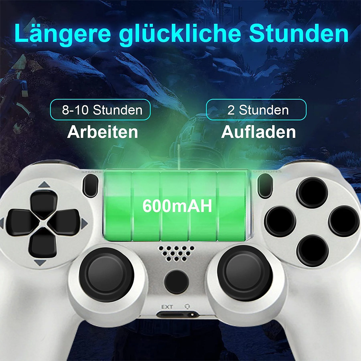 Weißer Playstation 4 Controller mit 600mAh Batterie Grafik. Text zeigt 8-10 Stunden Nutzung an.