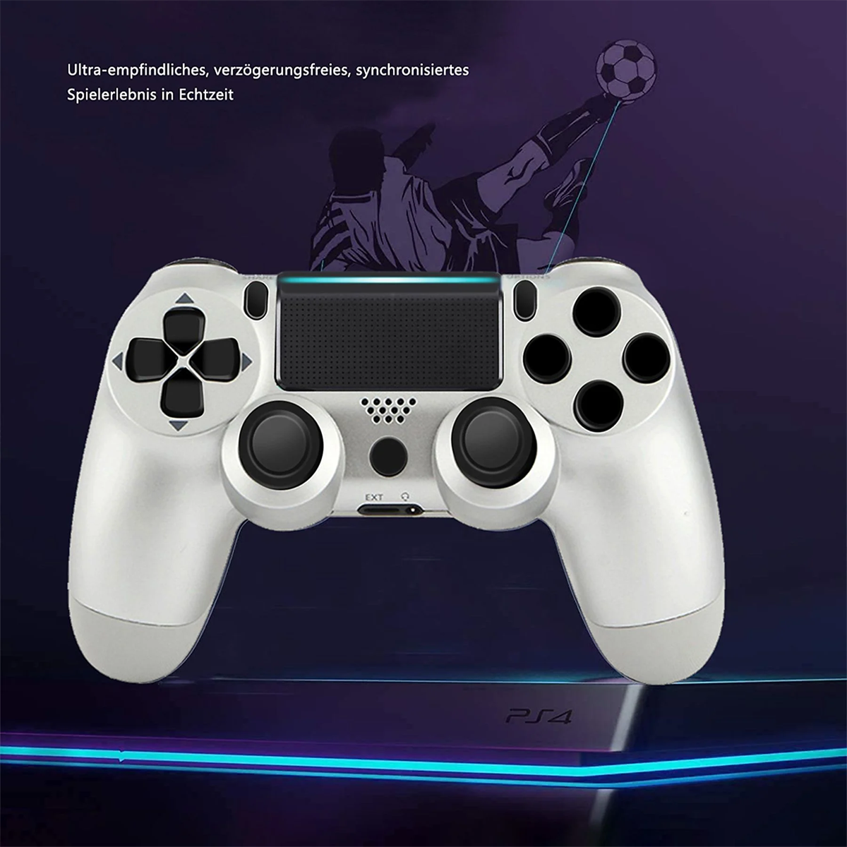 Ein weißer Gaming-Controller mit schwarzen Knöpfen. Ein Fußball ist mit einer Linie mit einem Spieler verbunden.