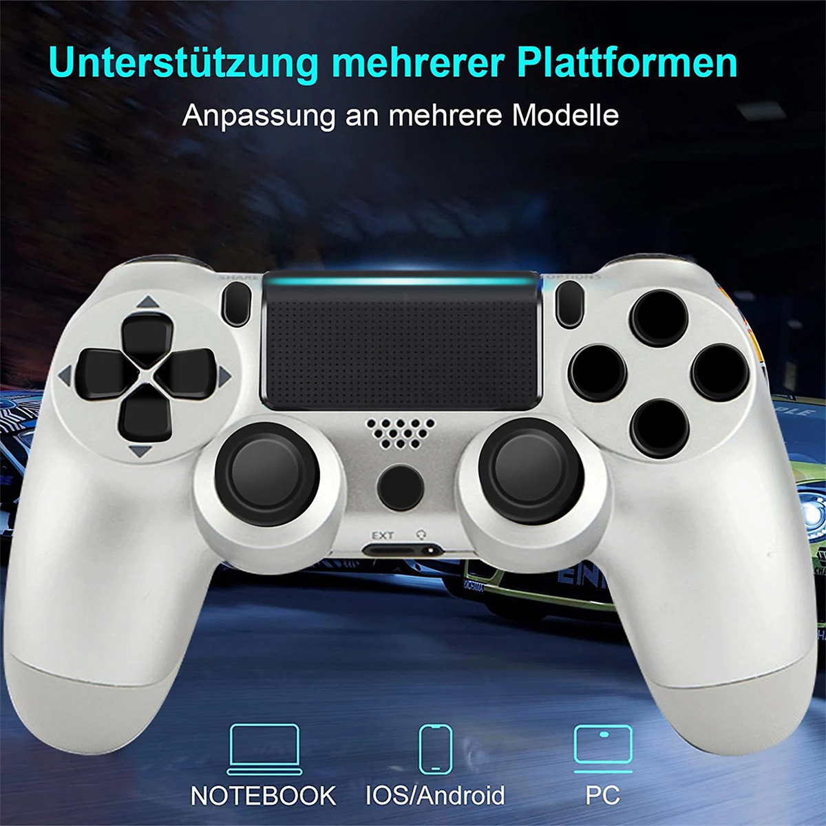 Weißer Gamecontroller mit schwarzen Knöpfen und Symbolen vor verschwommenem Hintergrund.