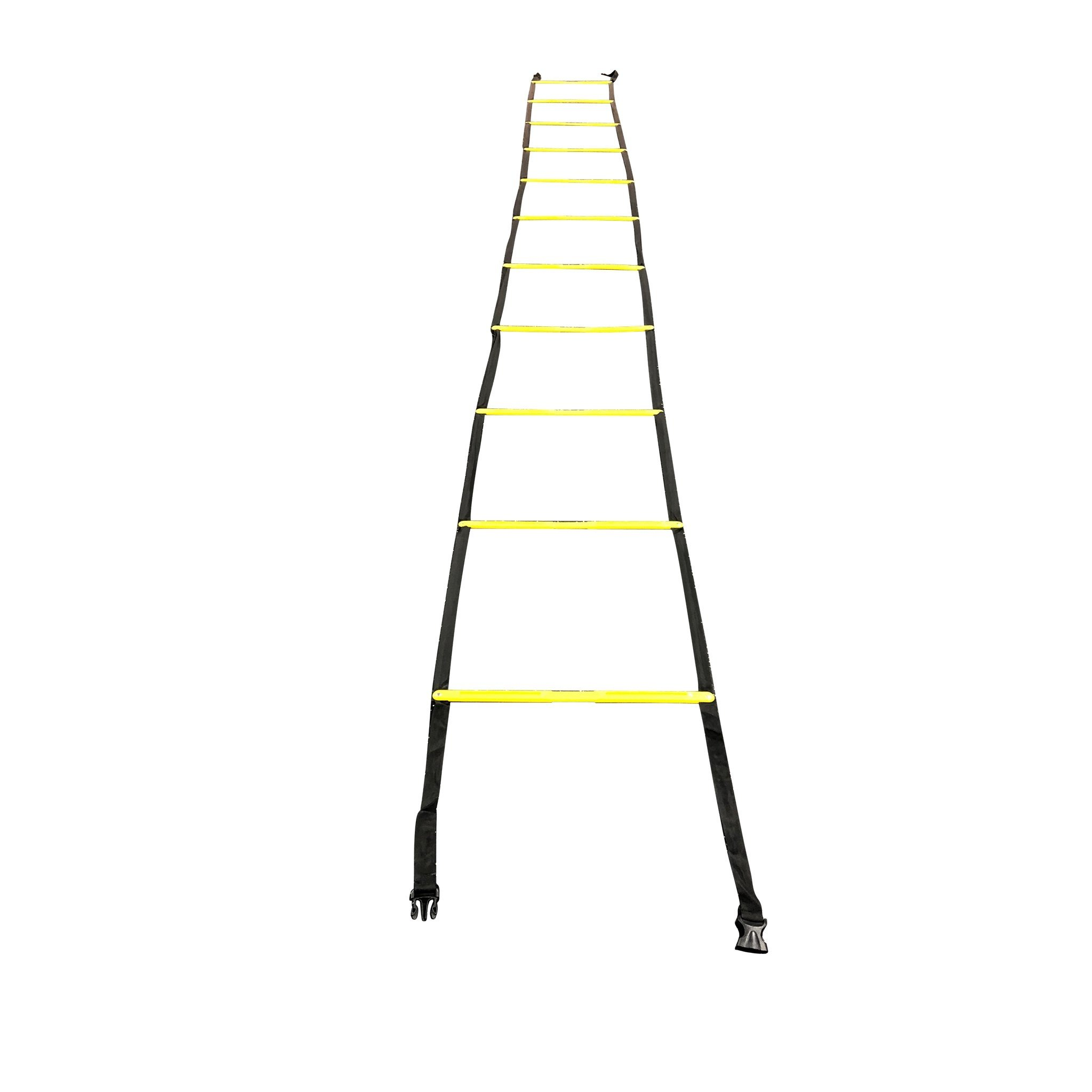 Une échelle d'agilité, barreaux jaunes avec côtés noirs, sur fond blanc. L'échelle est verticale.