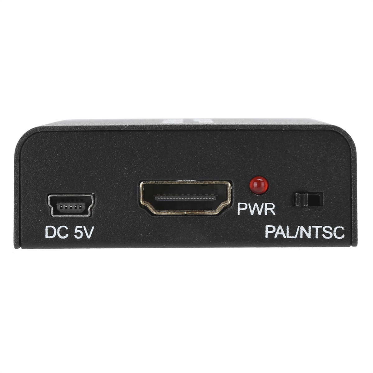 Schwarzer HDMI-zu-AV-Konverter mit DC 5V, HDMI, PAL/NTSC-Anschlüssen und Power-Anzeige.