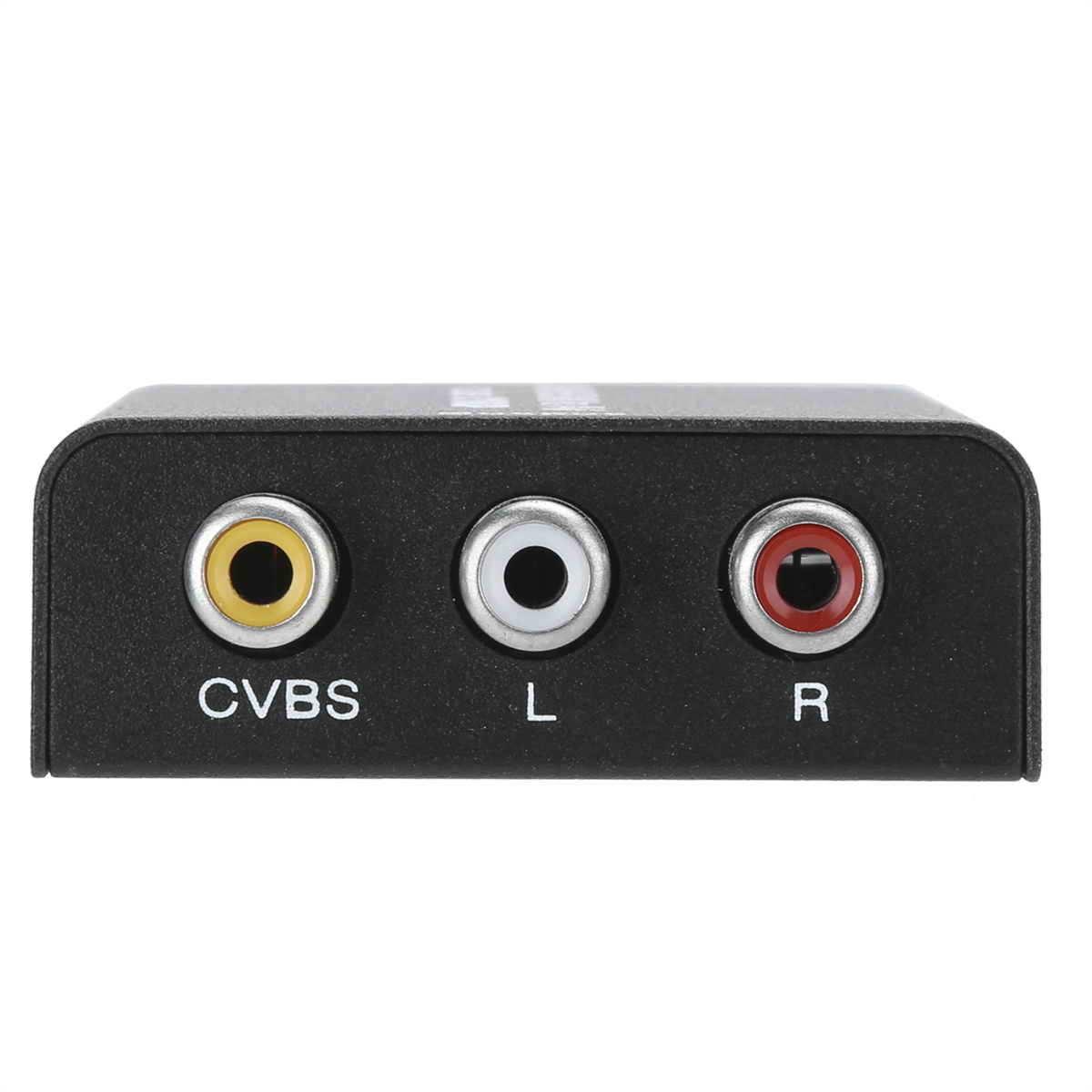 Schwarzer Adapter mit gelben, weißen und roten Anschlüssen, beschriftet mit CVBS, L und R.
