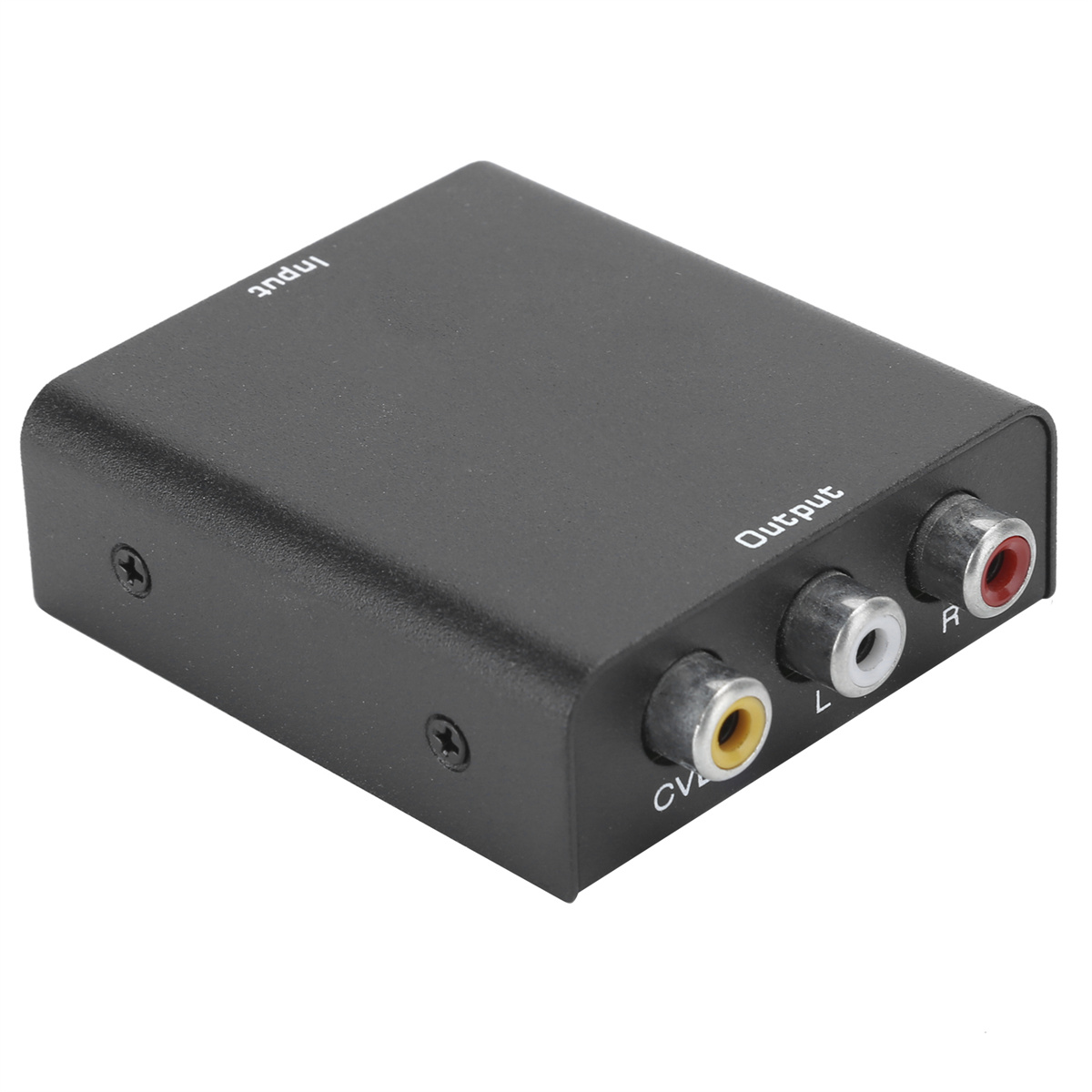 Eine schwarze RCA-zu-AV-Konverterbox mit beschrifteten Ein- und Ausgangsanschlüssen.