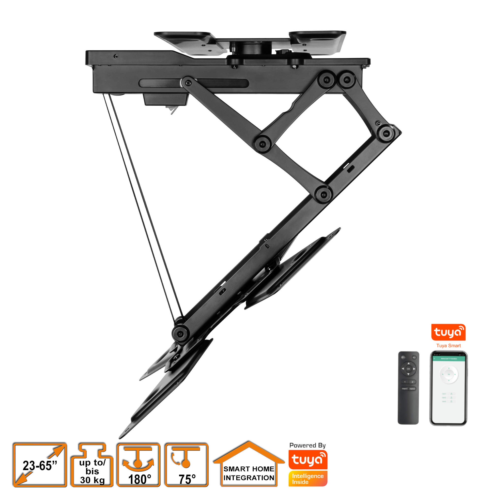 Schwarze TV-Deckenhalterung. Sie unterstützt 23-65" TVs, bis zu 30 kg und 180/75° Drehung.