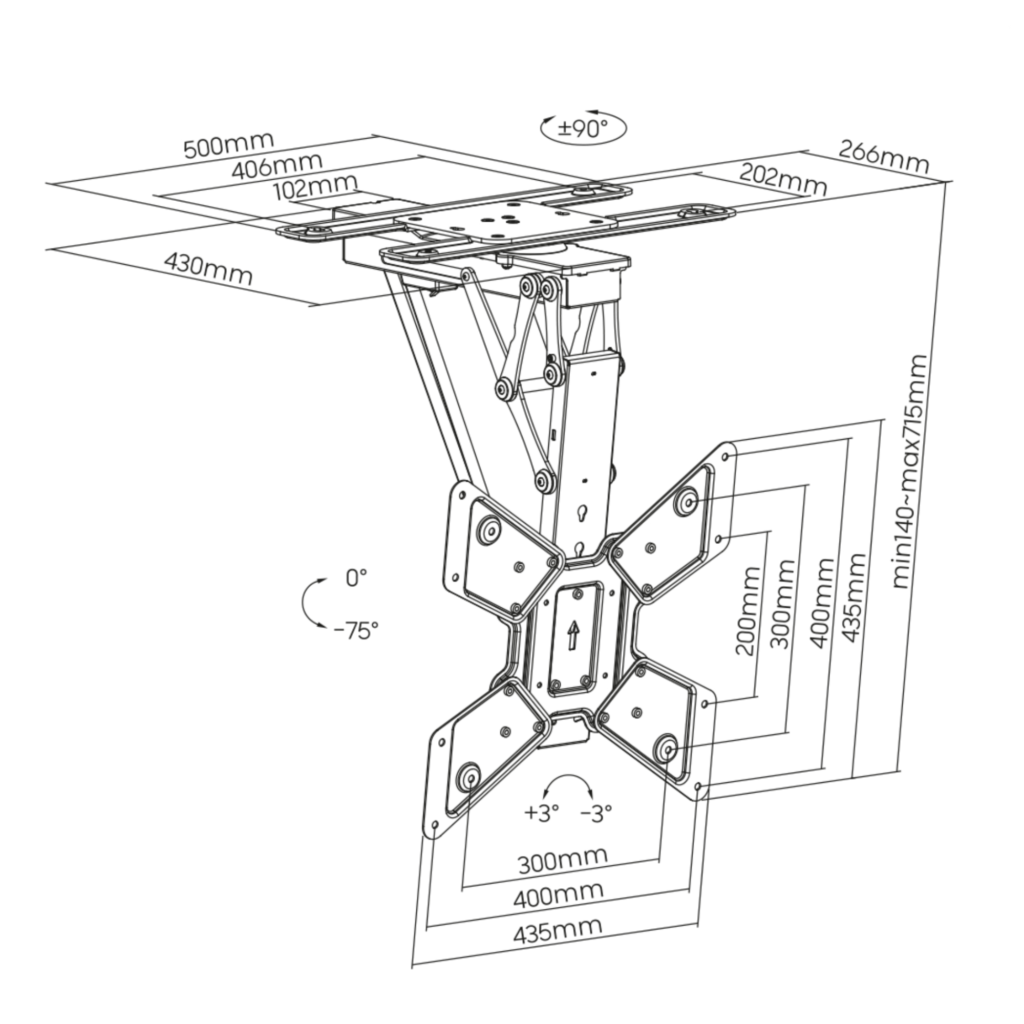 Deckenhalterung für TV mit Abmessungen, schwarze Metallkonstruktion.