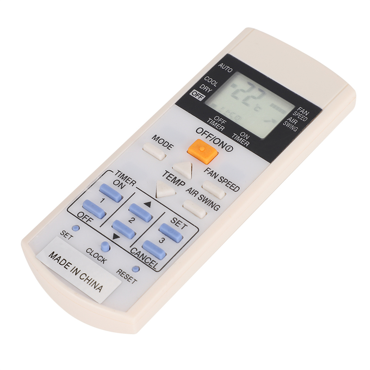 Eine weiße Fernbedienung mit mehreren Knöpfen, Text und einem Digitaldisplay mit '22.2'.