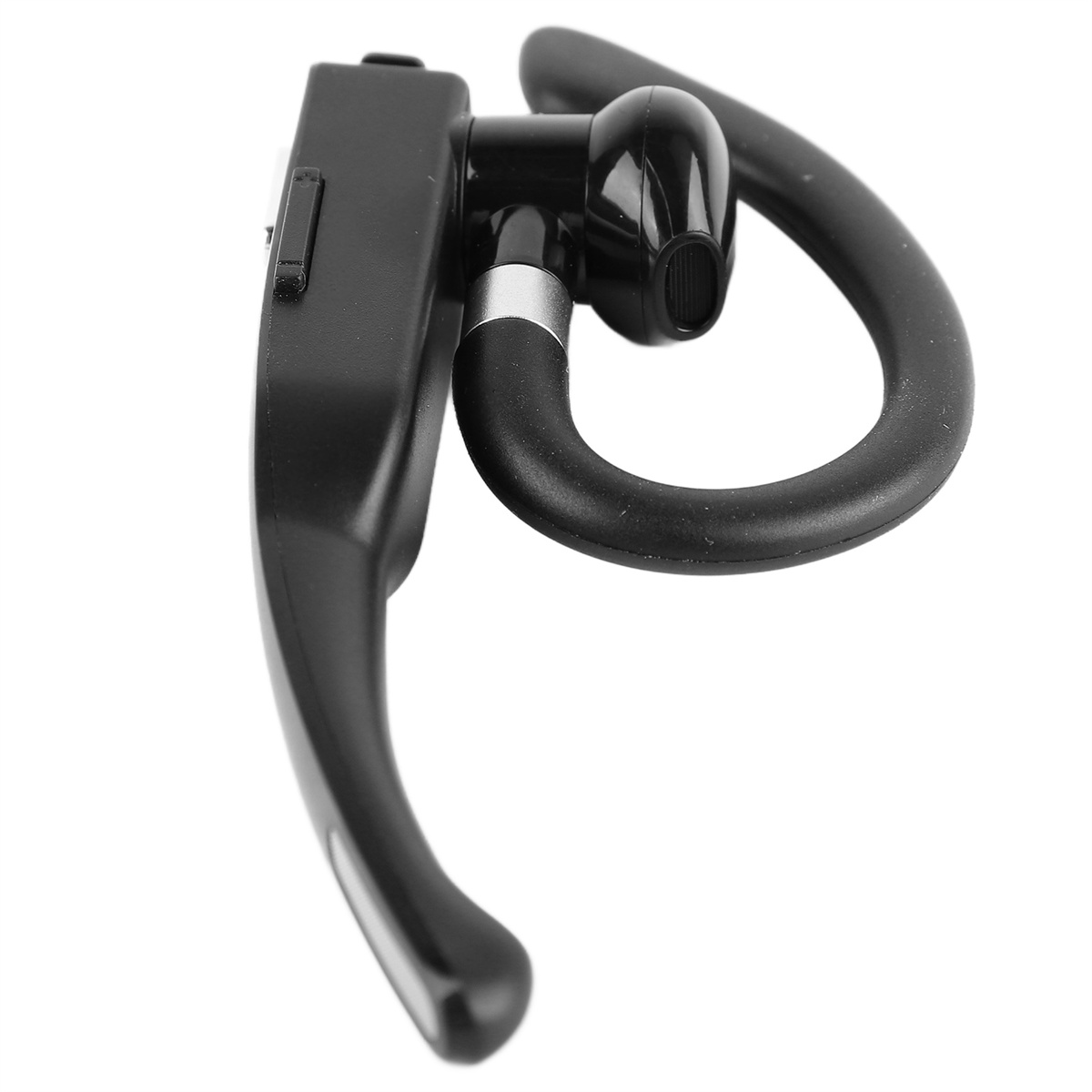 Schwarzes Bluetooth-Headset mit gebogenem Ohrbügel und Mikrofonarm. Es befindet sich auf weißem Hintergrund. Seitenansicht.