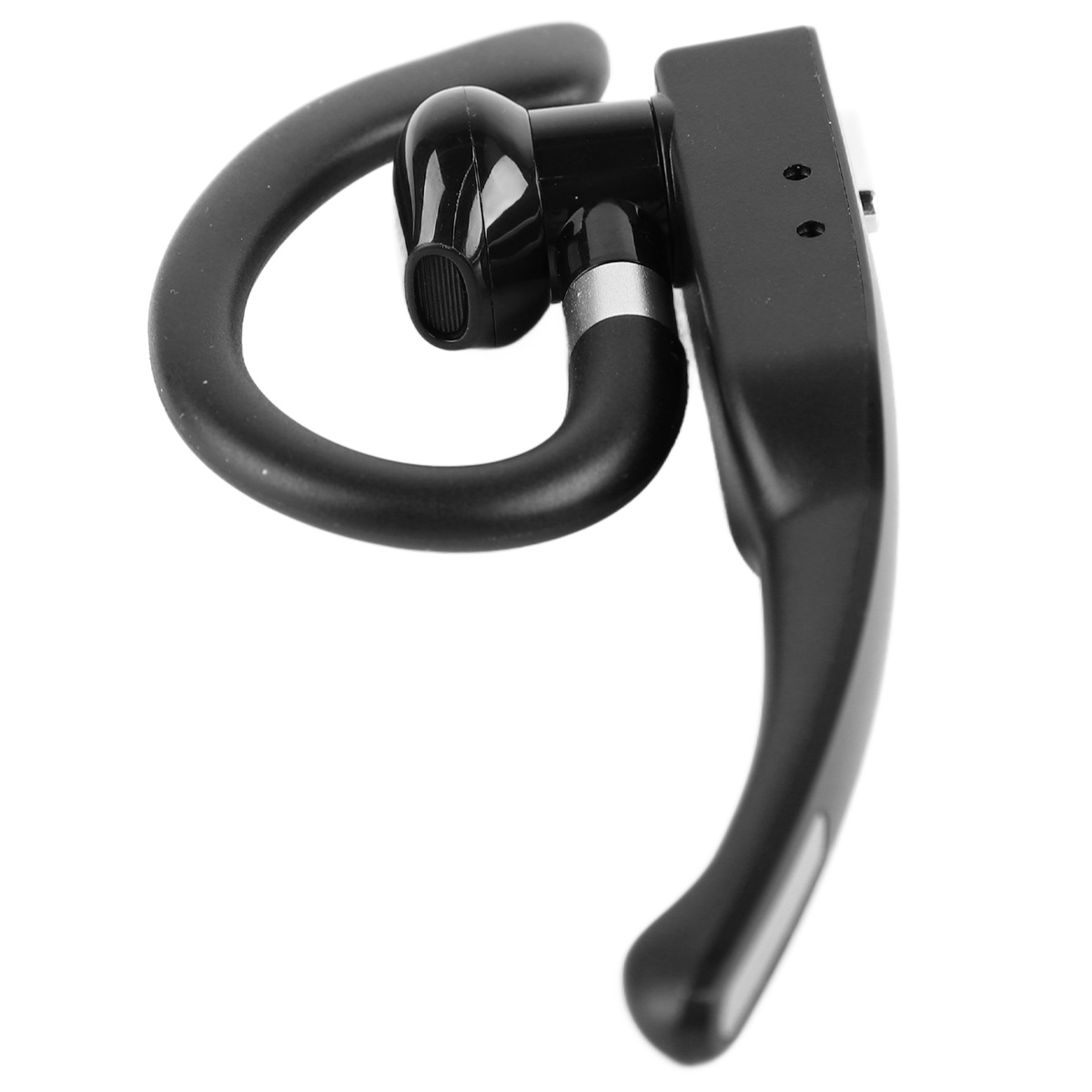 Schwarzes Bluetooth-Headset. Das Headset ist gebogen mit einem Ohrbügel. Weißer Hintergrund.