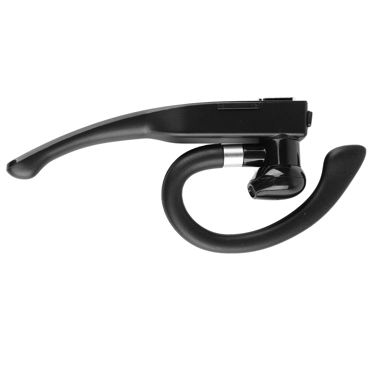Schwarzes Bluetooth-Headset mit geschwungenem Design. Verfügt über ein Mikrofon und einen Ohrhaken zur Unterstützung.