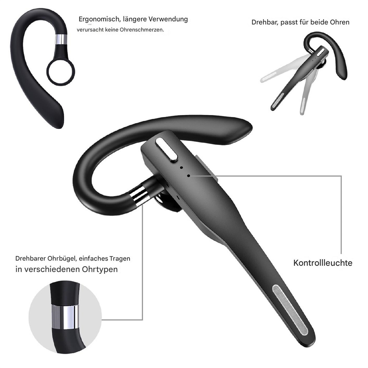 Schwarzes Bluetooth-Headset mit Details. Enthält eine Kontrollleuchte und ergonomisches Design.
