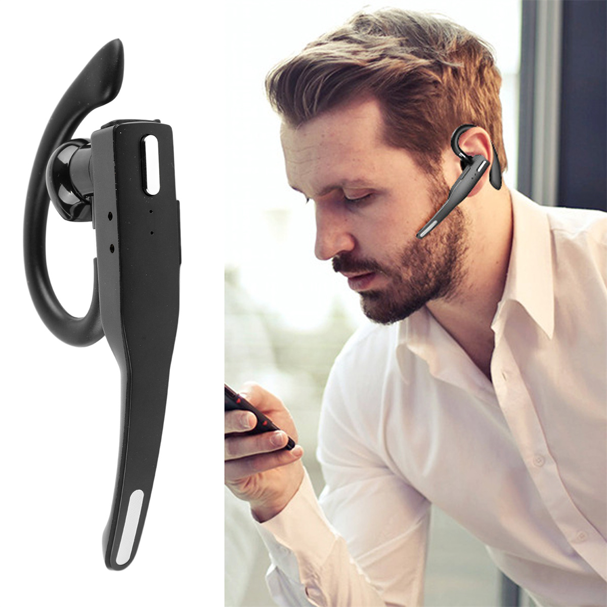 Mann benutzt ein schwarzes Bluetooth-Headset. Nahaufnahme des Headsets und des Gesichts des Mannes.