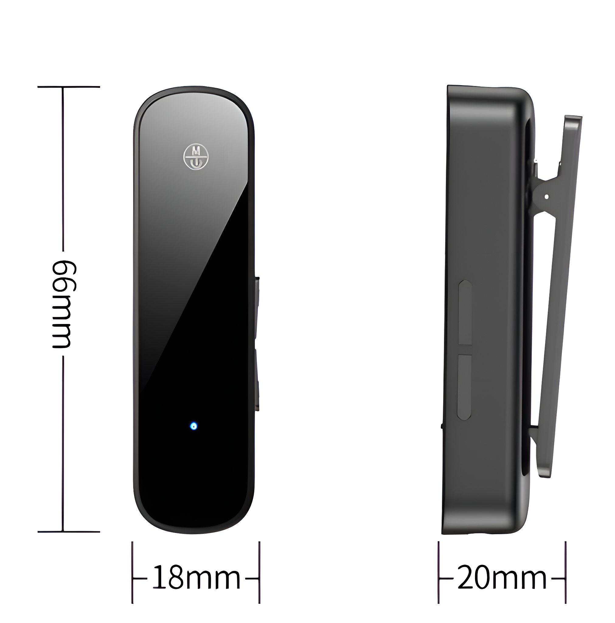 Zweiteiliges schwarzes rechteckiges Gerät mit Clip. Hat ein blaues Licht und Abmessungen von 66x18x20mm.