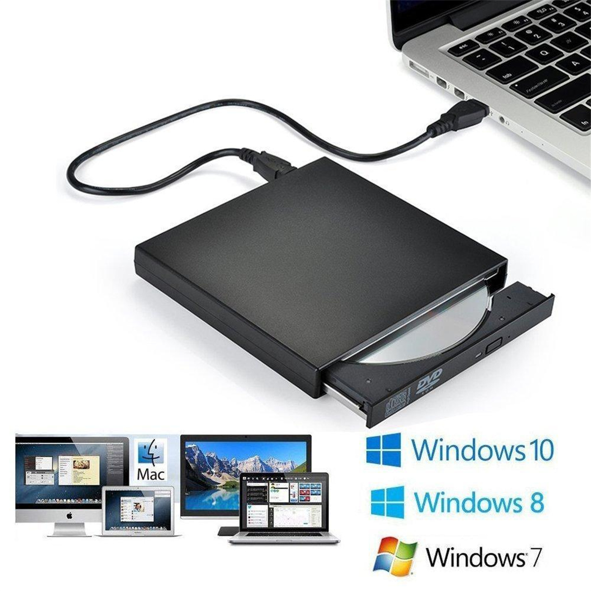 Ein schwarzes DVD-Laufwerk, das an einen Laptop angeschlossen ist, mit Bildern verschiedener Computer.