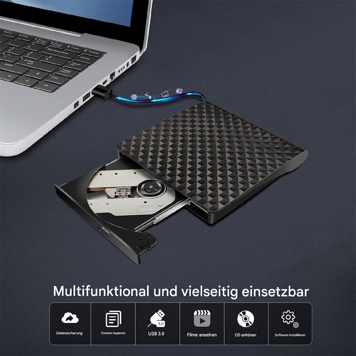 Ein schwarzes externes DVD-Laufwerk mit Laptop, mit dem Text 'Multifunktional und vielseitig einsetzbar'.