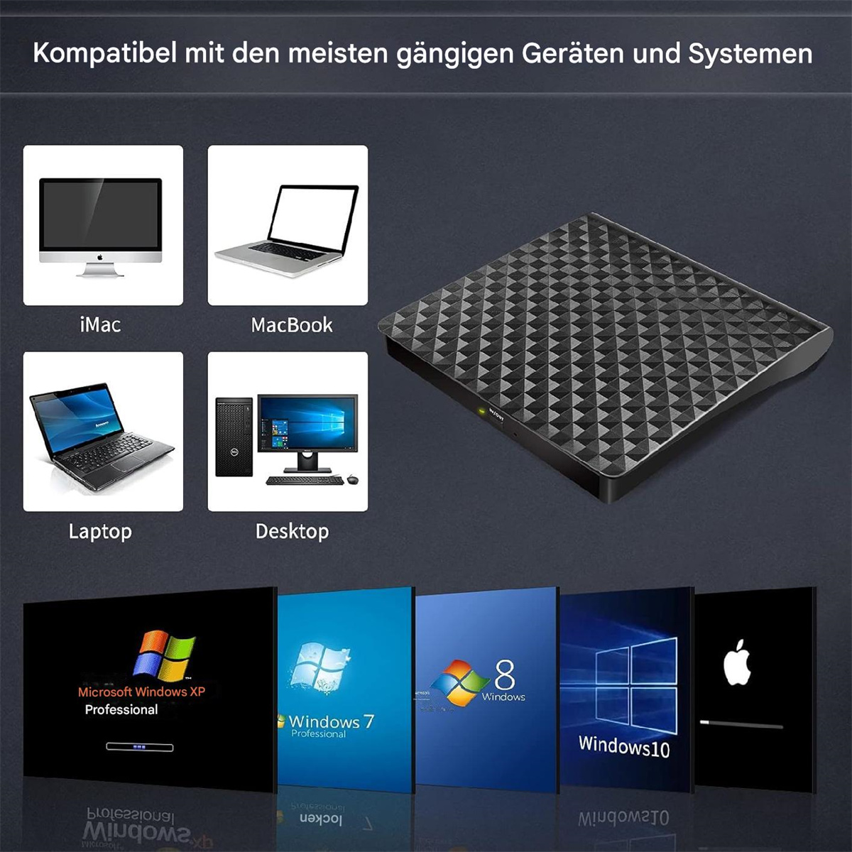 Schwarze Festplatte mit mehreren Logos und Symbolen. Kompatibel mit iMac, MacBook, Laptop, Desktop.