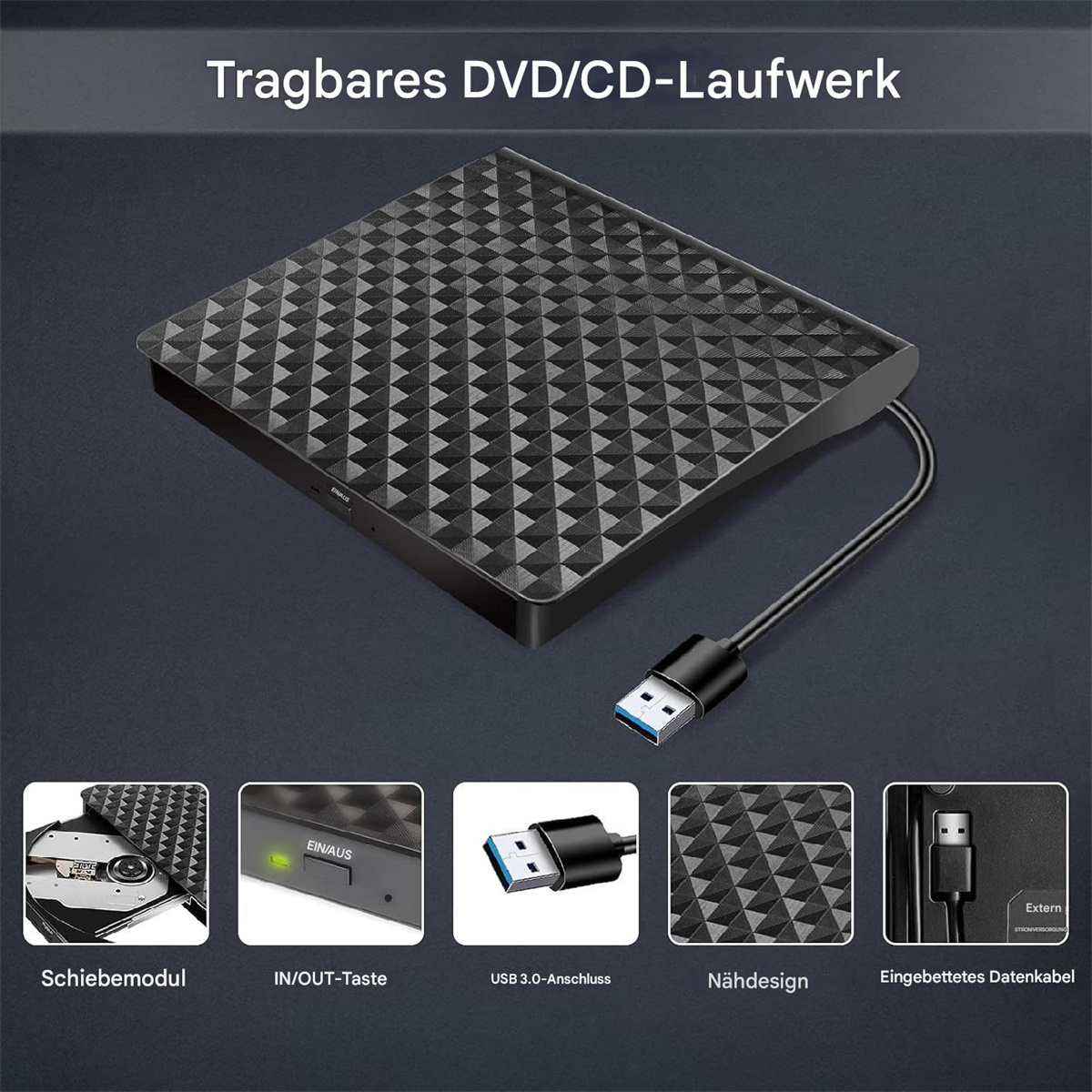 Schwarzes tragbares DVD/CD-Laufwerk mit USB-Kabel und kleinen Illustrationen.