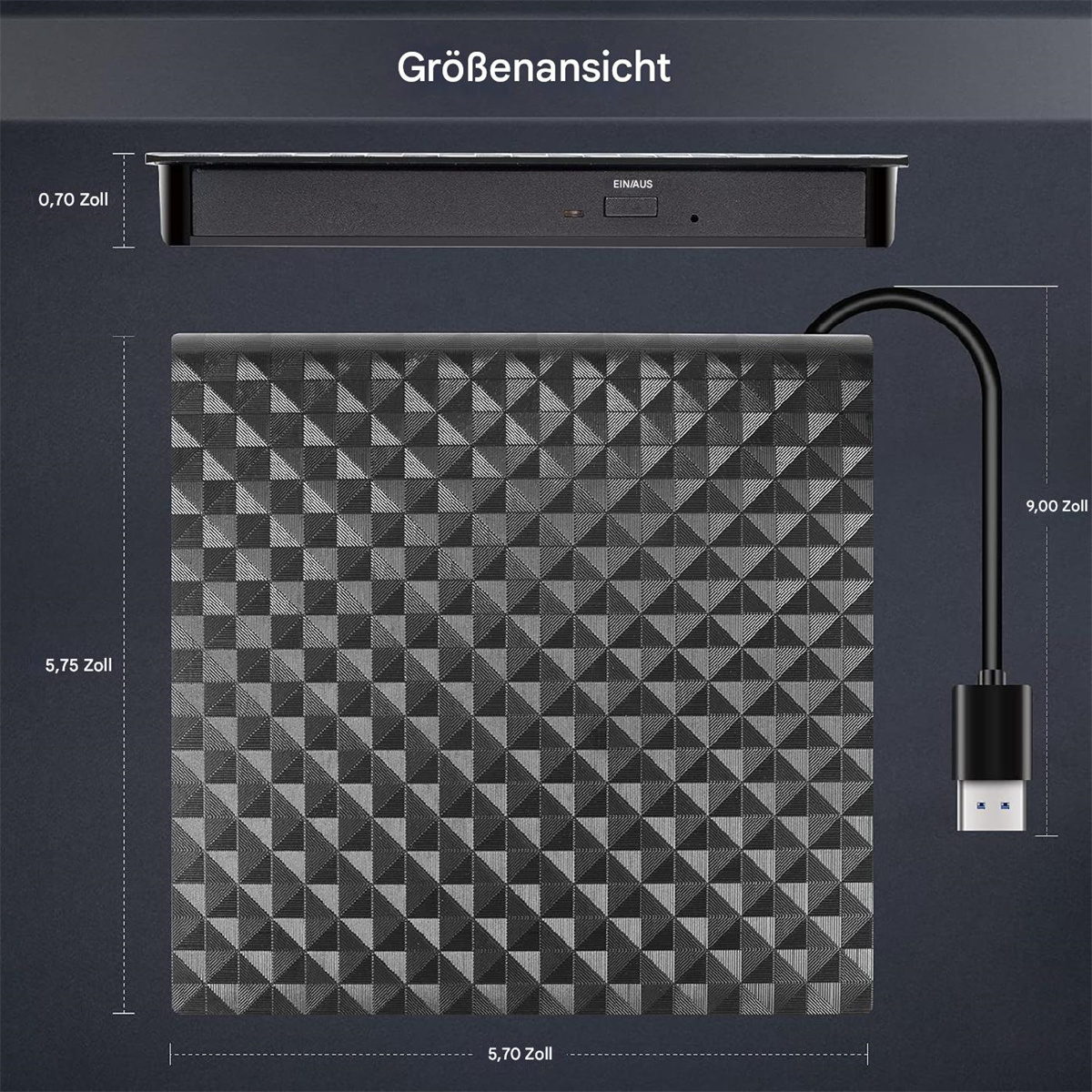 Schwarze externe Festplatte mit angegebenen Abmessungen. Draufsicht und Seitenansicht. Text: Grössenansicht.