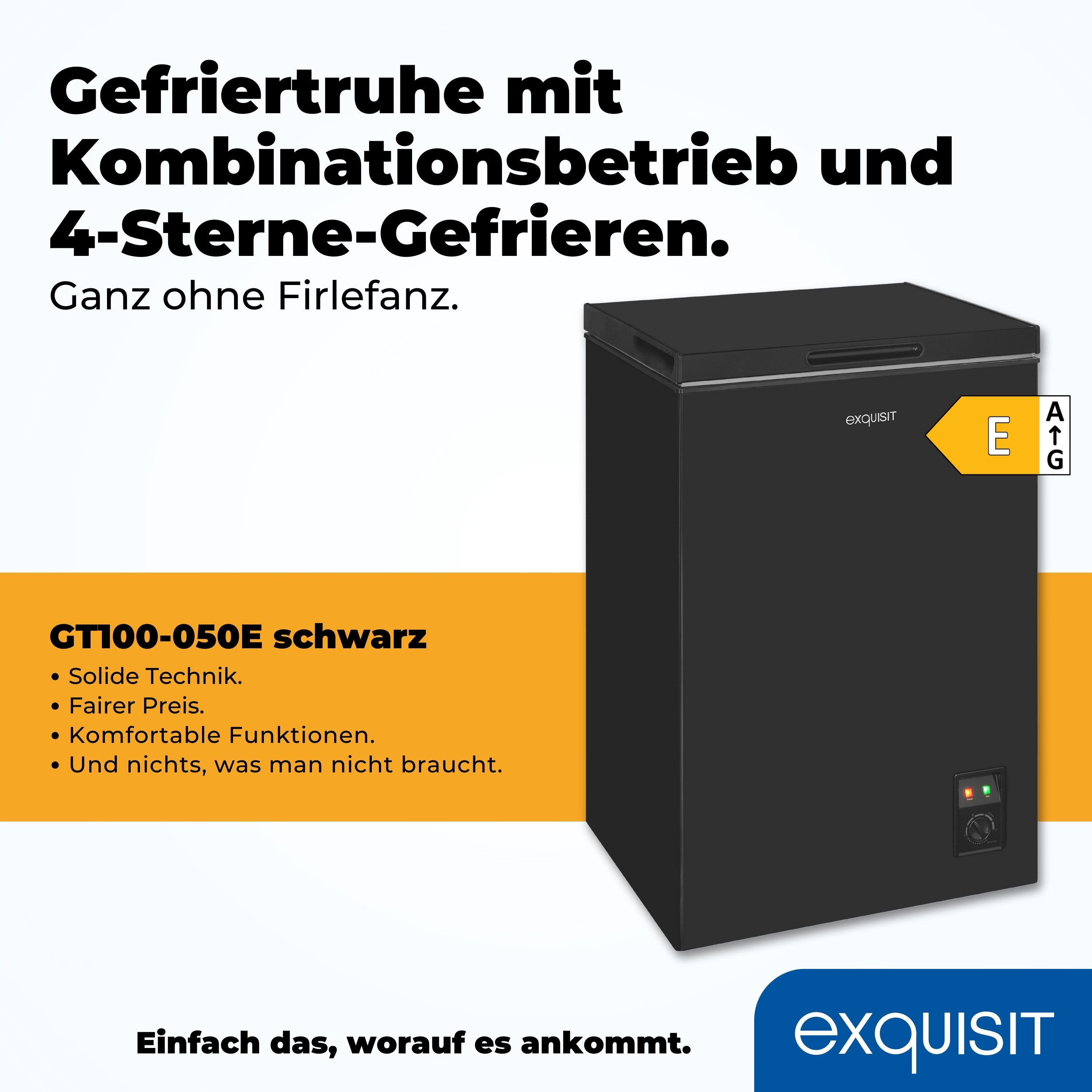 Ein schwarzer Gefrierschrank mit Exquisit-Logo. Text beschreibt Funktionen und Energieeffizienz (E).
