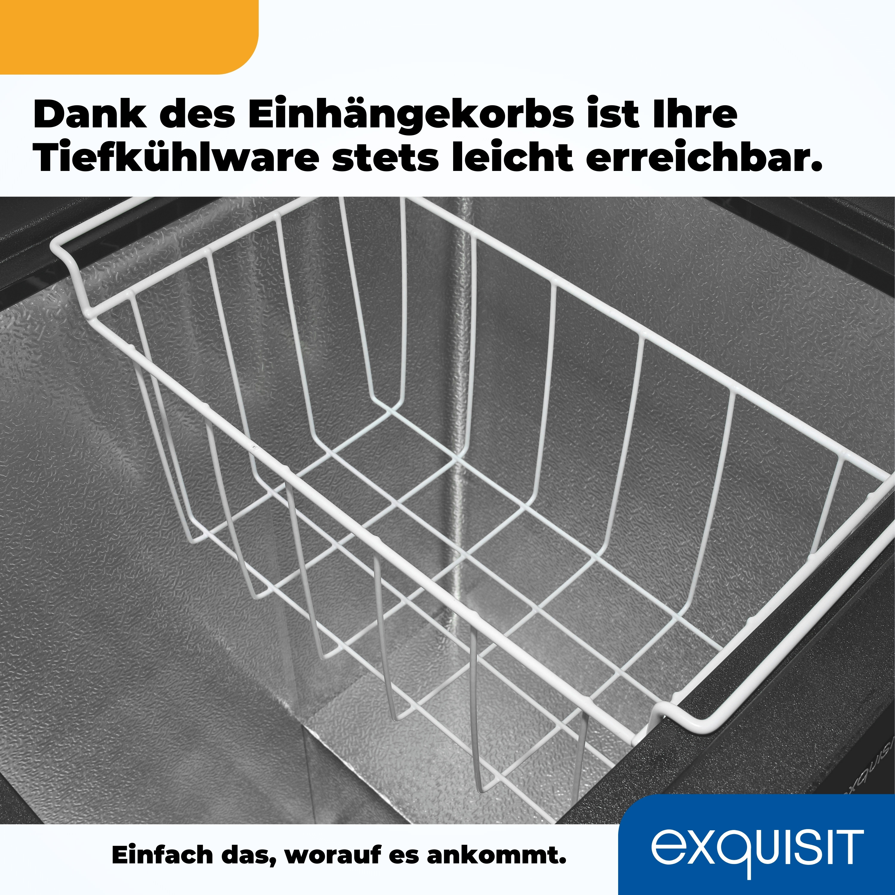 Weißer Drahtkorb in einem Gefrierschrank, Text bewirbt einfachen Zugang zu Lebensmitteln.