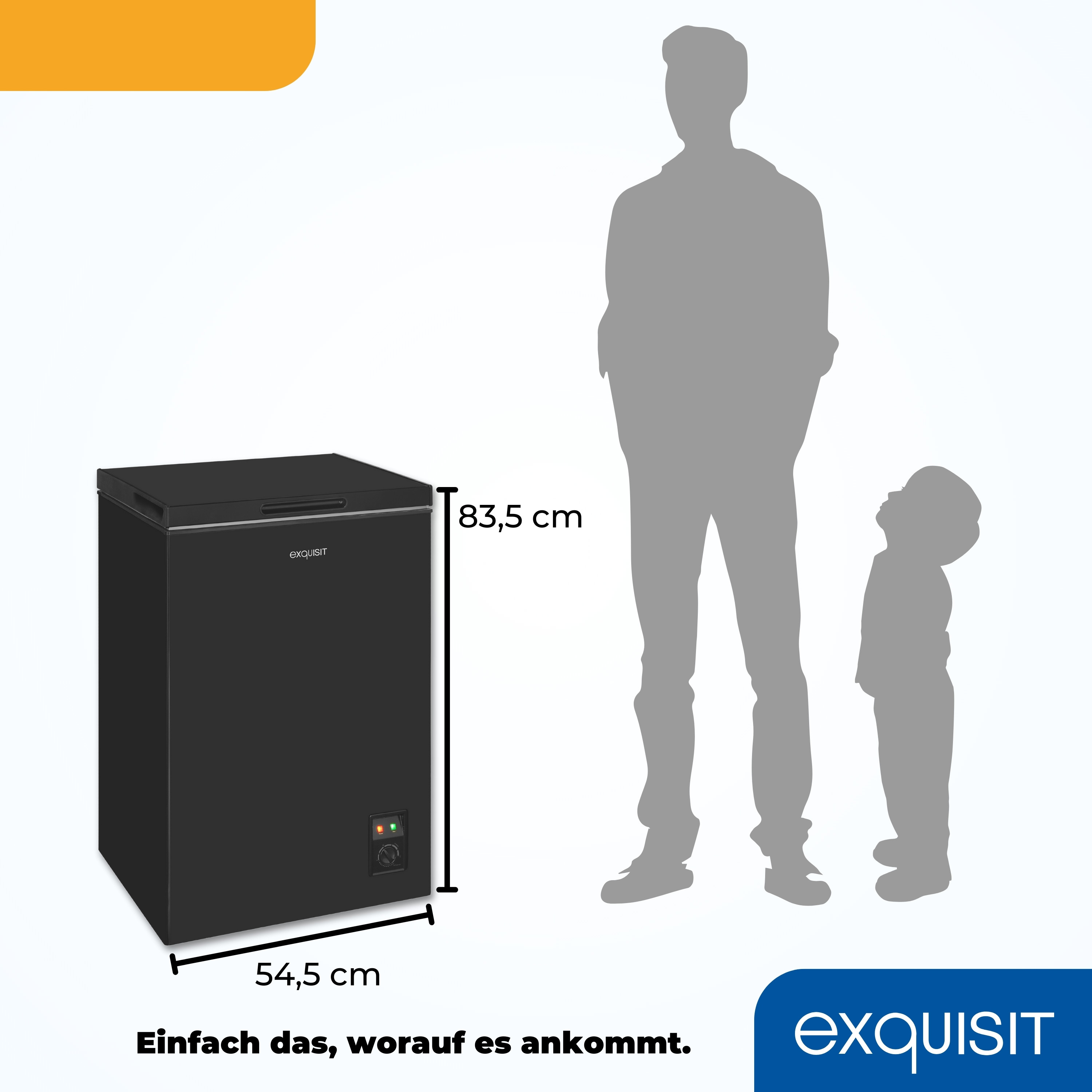 Schwarzer Gefrierschrank mit Maßen. Mann und Kind sind in der Nähe silhouettiert.