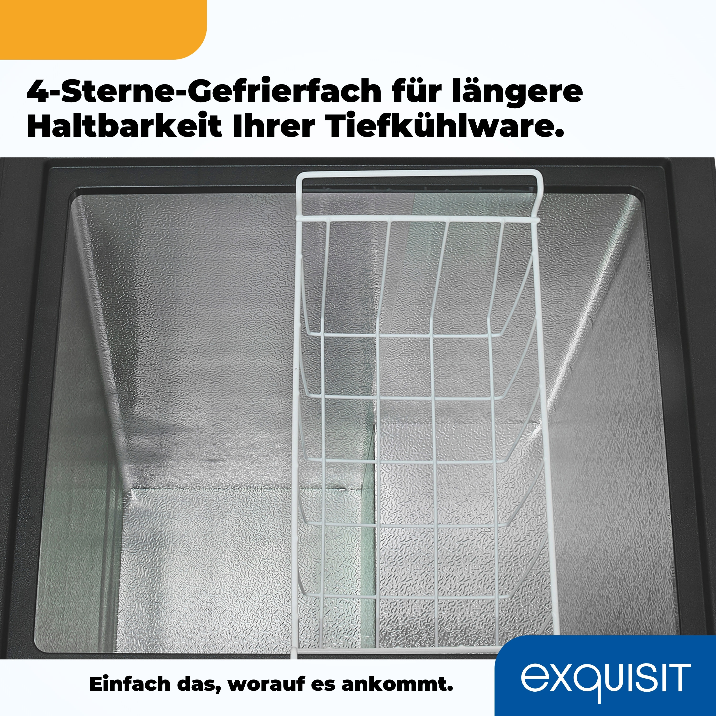 Offener Gefrierschrank mit weißem Innenraum und Drahtgestell. Text auf Deutsch. Schwarz-Weiß-Hintergrund.