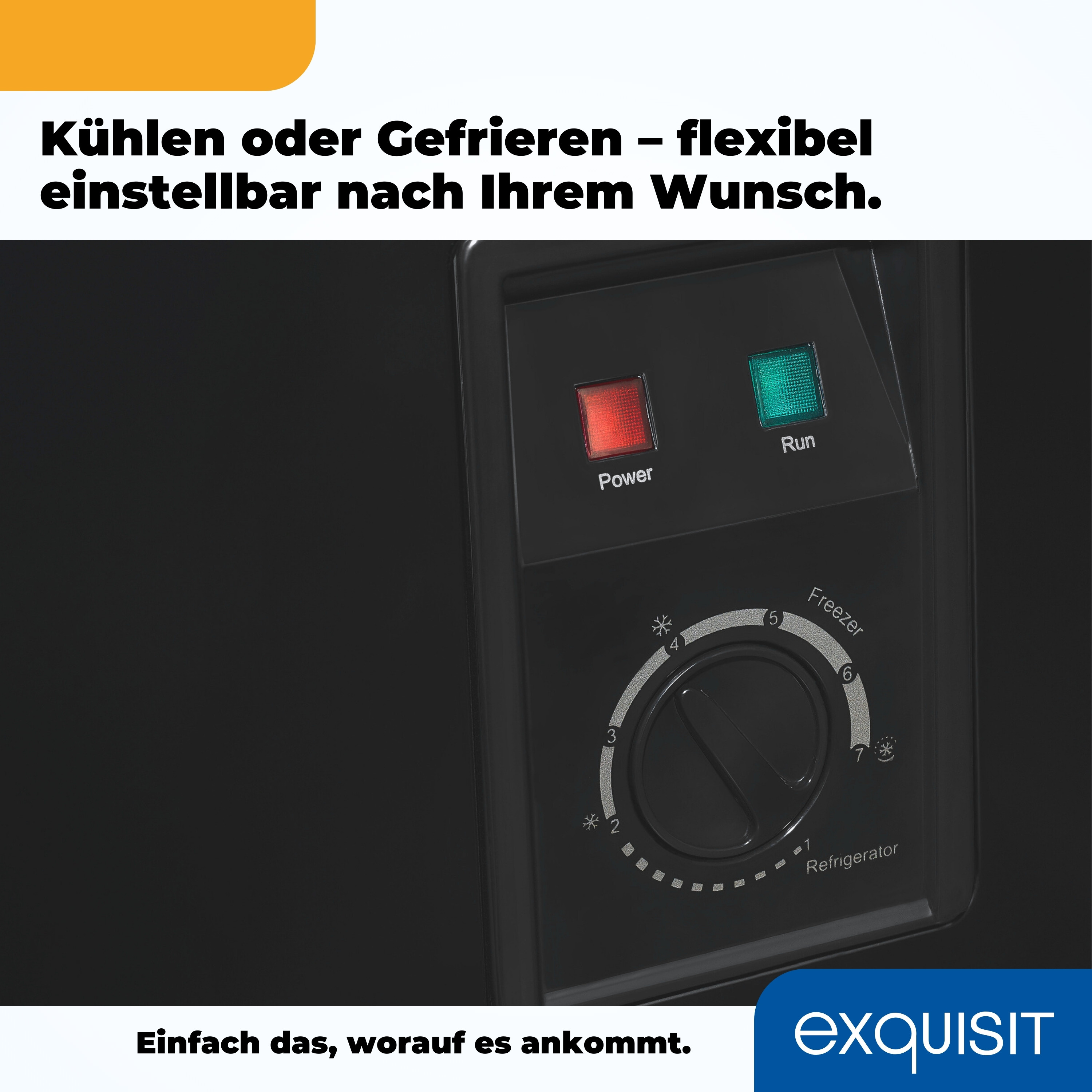 Schwarzes Kühlschrank-Bedienfeld. Rotes Power-Licht, grünes Betriebslicht und Temperaturwahl sichtbar.