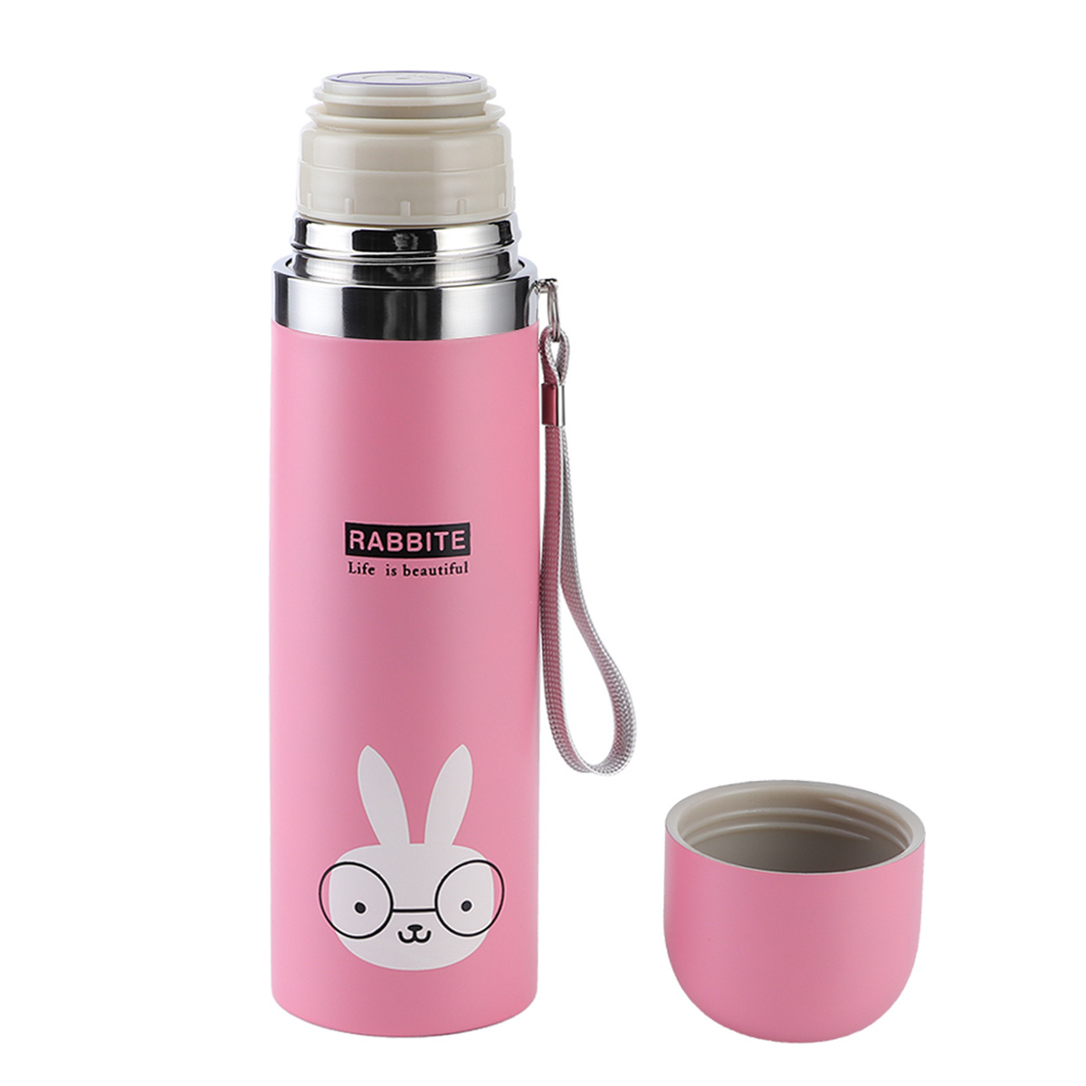 Rosa Isolierflasche mit Hasengesicht. Die Flasche hat einen Deckel und einen Becher.