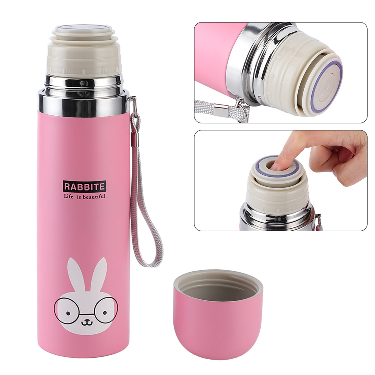 Eine rosa isolierte Flasche mit Kaninchenmuster. Der Deckel ist abgenommen, was die Innenseite zeigt.