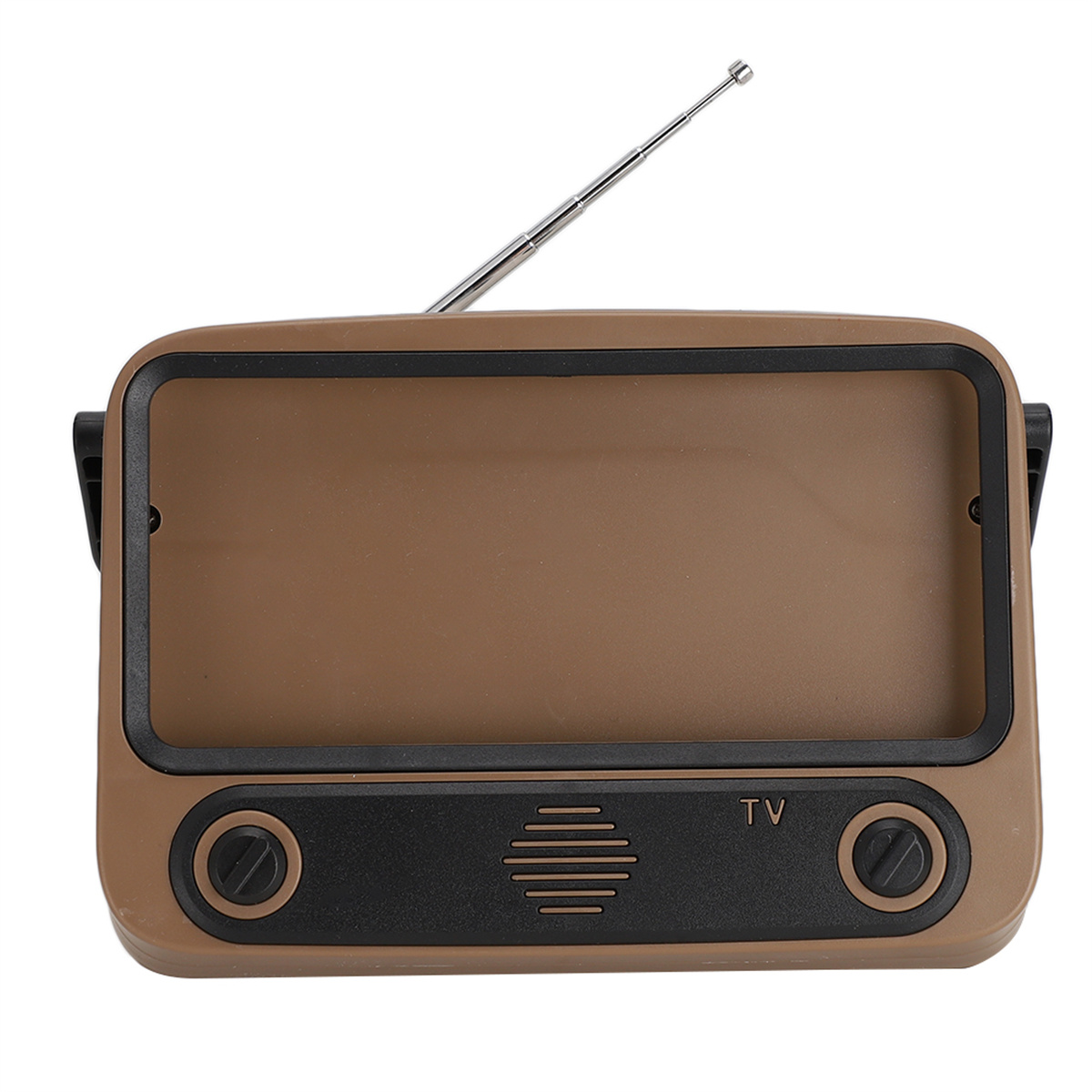 Brauner Spielzeug-TV mit Antenne und Lautstärkereglern. Schwarzer Rahmen und Lautsprecherbereich. Retro-Design.