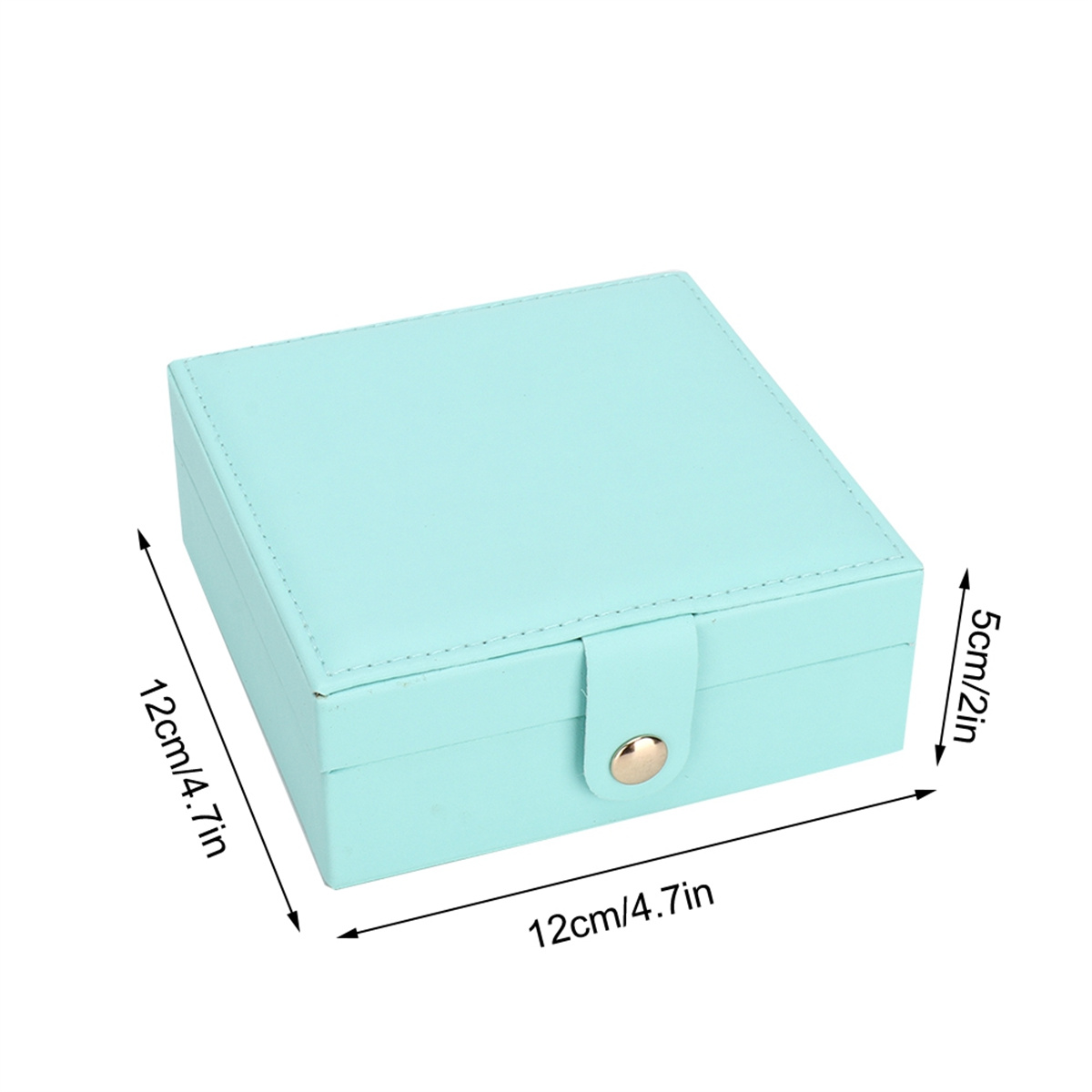 Quadratische, hellblaue Schmuckschatulle. Maße sind 12cm/4,7in. und 5cm/2in.