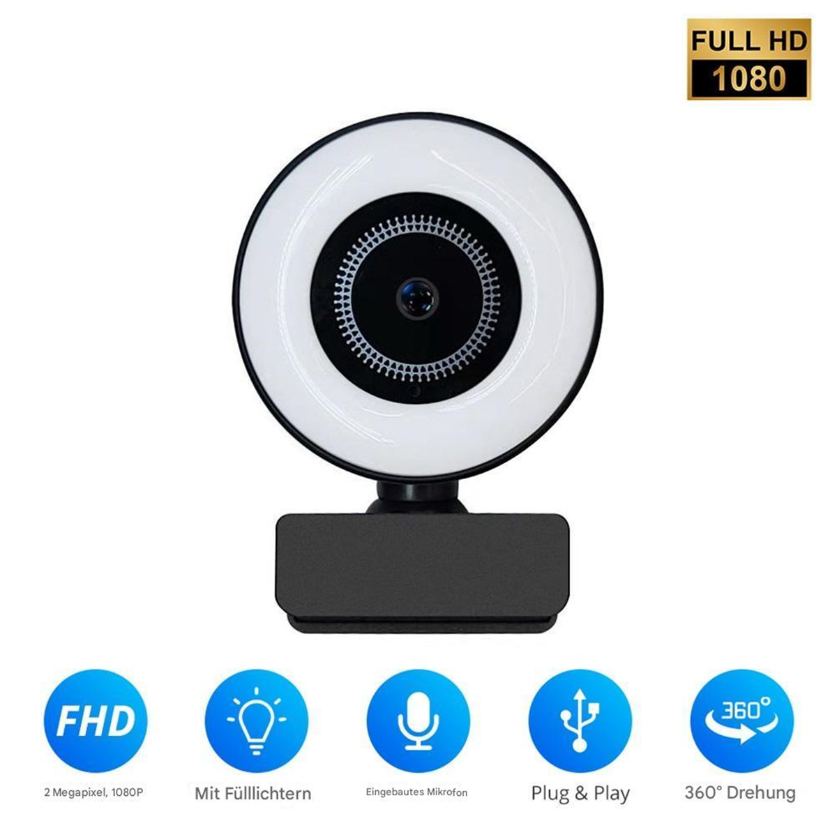 Eine Webcam mit Ringlicht und schwarzer Basis, mit Funktionssymbolen darunter.