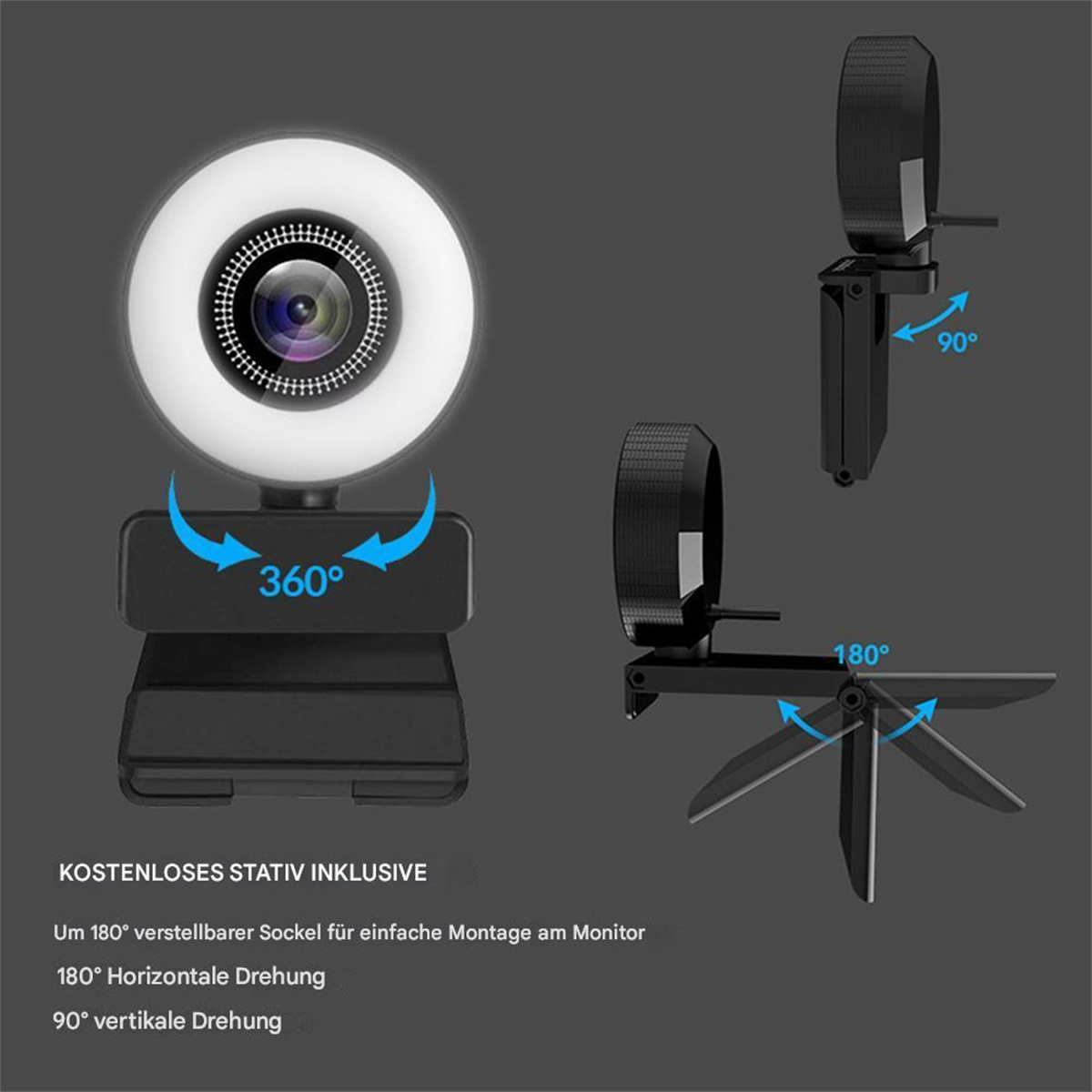 Eine Webcam mit Ringlicht und einstellbaren Winkeln. Sie kann sich um 360 Grad drehen und neigen.