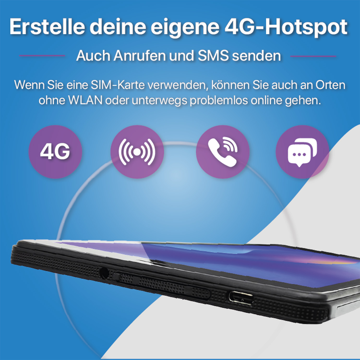 Bild mit Text auf einem schwarzen Mobiltelefon, mit Symbolen für 4G, WLAN, Anruf und Nachricht.