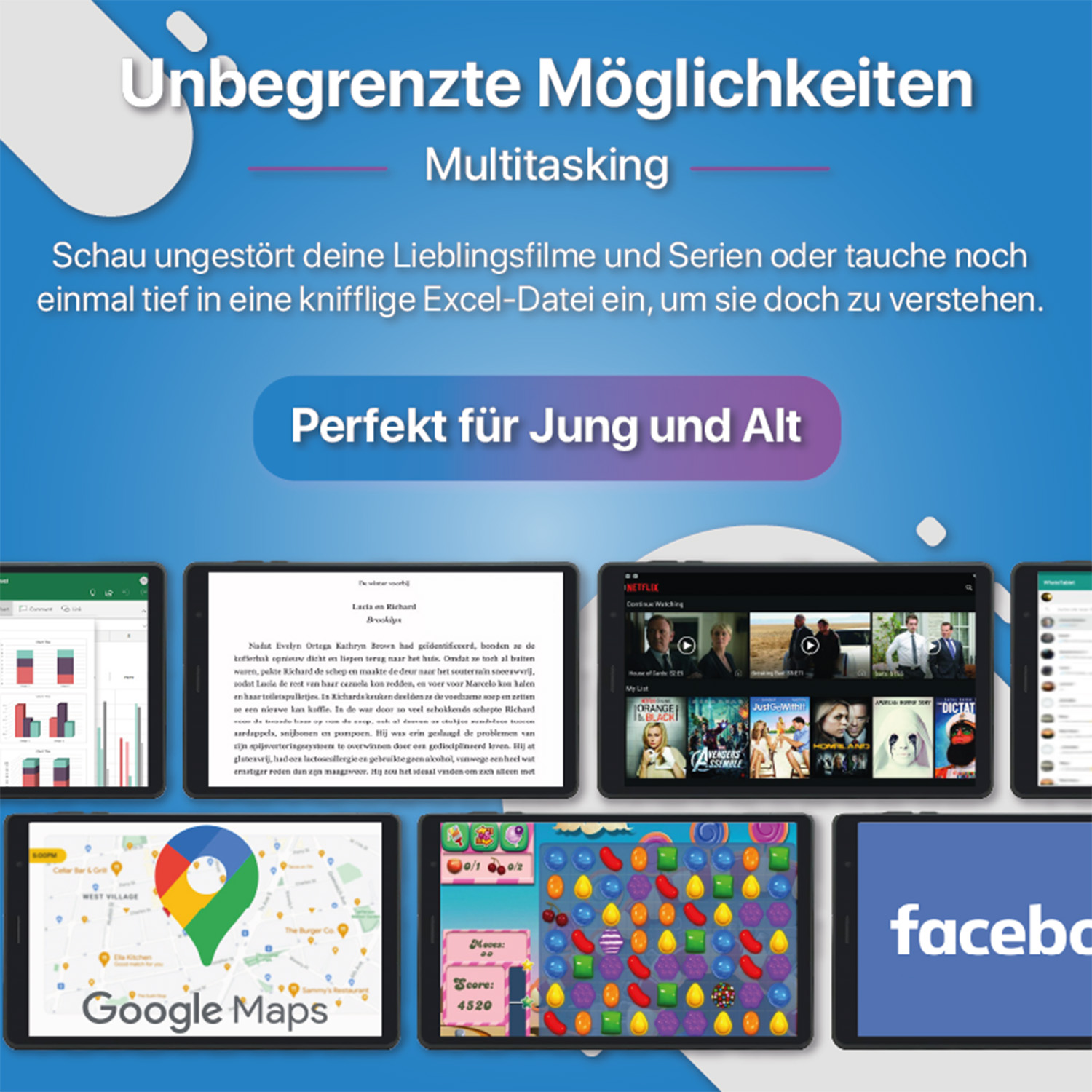 Mehrere Tablets, die verschiedene Apps anzeigen, und Text oben.