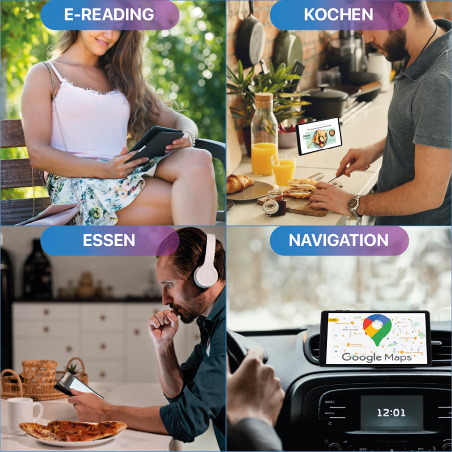Vier Bilder: Frau liest, Mann kocht, Mann isst, Autonavigation. Jede Szene hat eine Beschriftung.