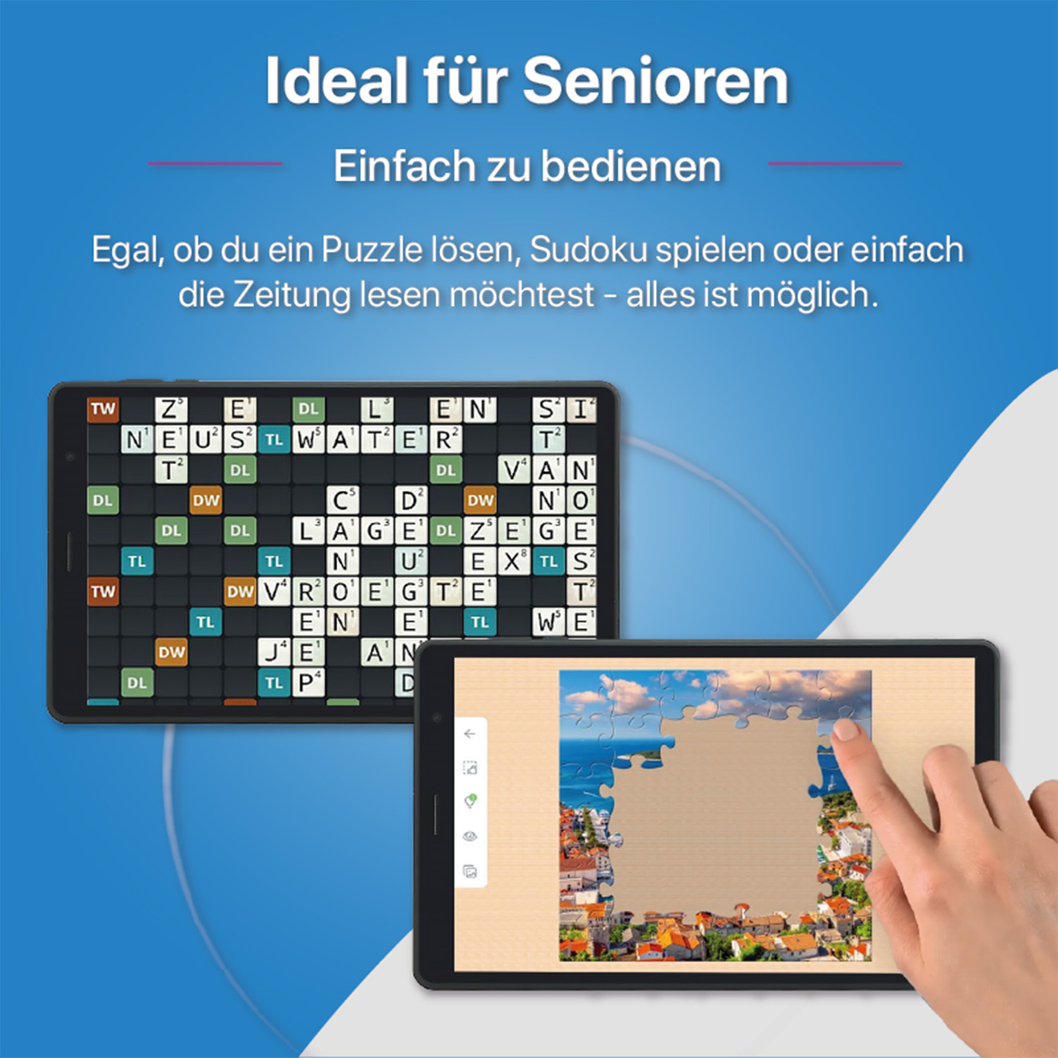 Zwei Tablets zeigen Puzzlespiele und Wortspiele, mit Text auf Deutsch. Eine Hand ist auf dem Puzzlespiel.