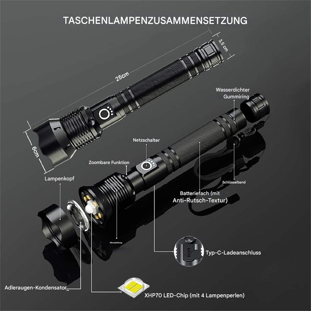 Diagramm einer schwarzen Taschenlampe mit Beschriftungen, die Komponenten und Abmessungen detaillieren.