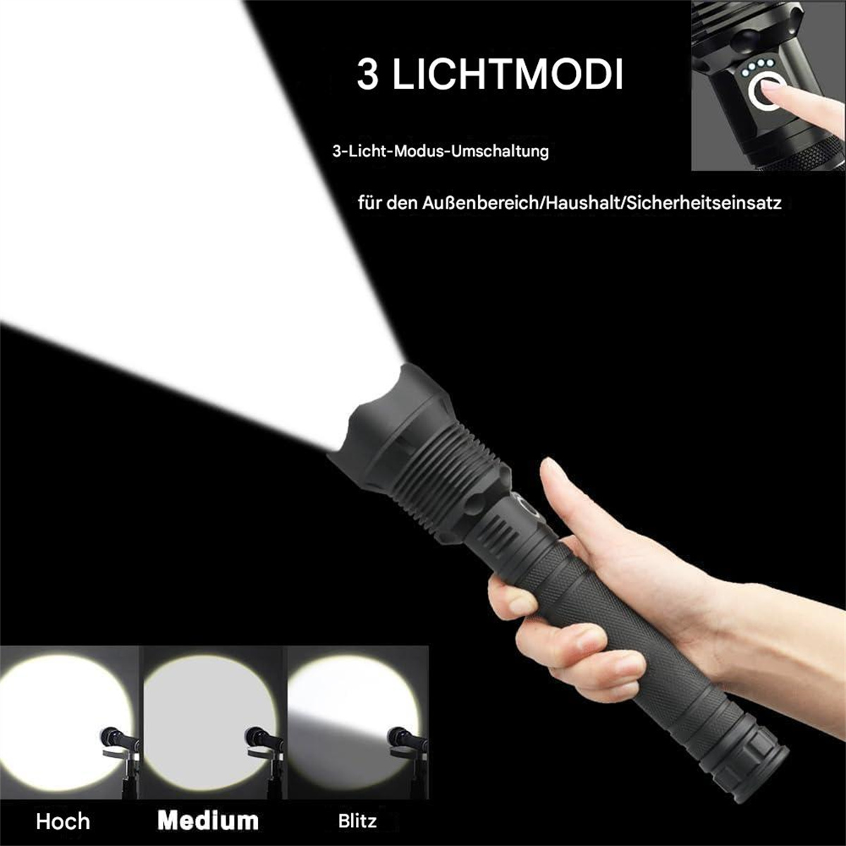 Eine schwarze Taschenlampe mit drei Lichtmodi, die einen hellen Strahl aussendet.