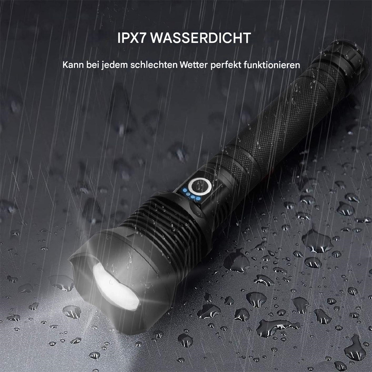 Schwarze Taschenlampe mit hellem Licht. Regentropfen sind sichtbar. Der Text sagt, dass es wasserdicht ist.
