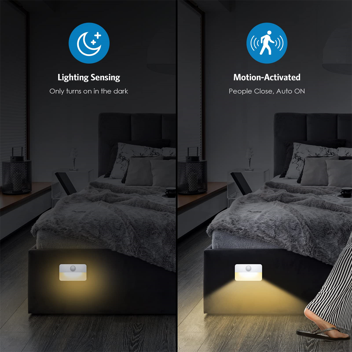 Zwei Bilder einer Nachttischlampe; Lichtsensorik, bewegungsaktiviert, automatisch ein.