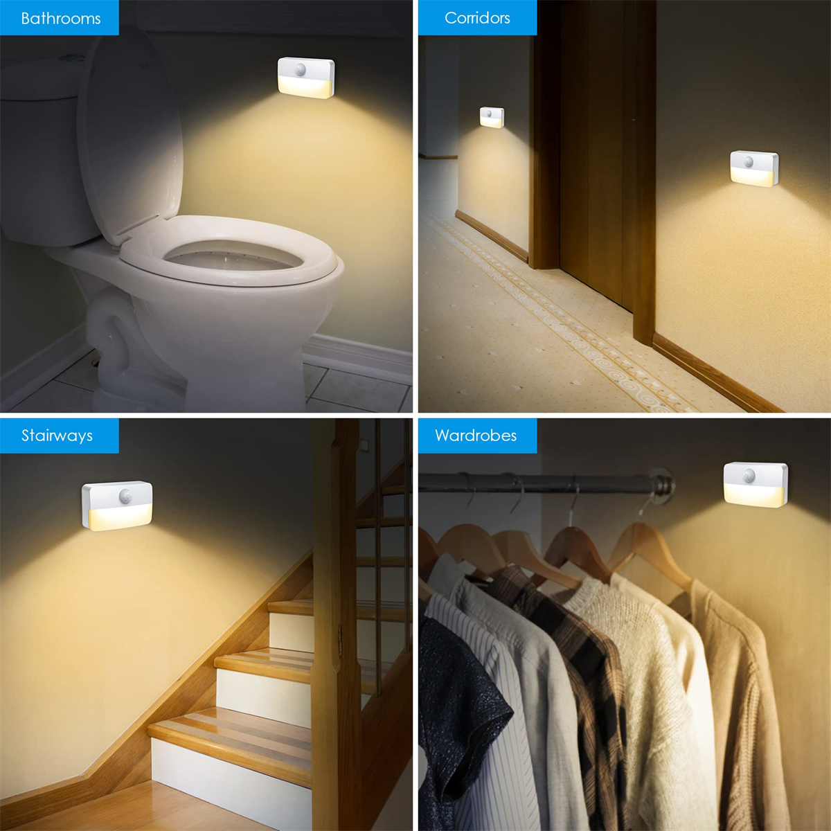 Vier Bilder von Bewegungsmelder-Leuchten an verschiedenen Orten: Bad, Flur, Treppe, Kleiderschrank.